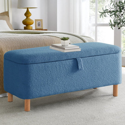 Banc ottoman de rangement en sherpa blanc cassé, repose-pieds, pour salon, chambre à coucher, pieds en bois