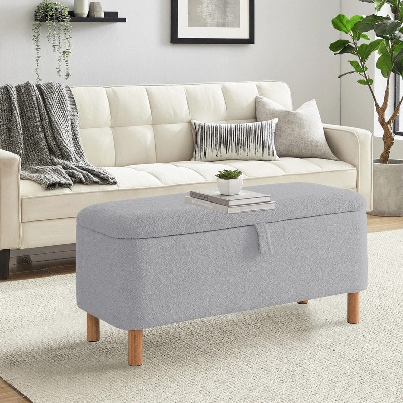 39.5 Off White Boucle Storage Ottoman Bench Sherpa Storage Bench Ottoman Foot Rest End of Bed for Living Room Bedroom,Wood Leg