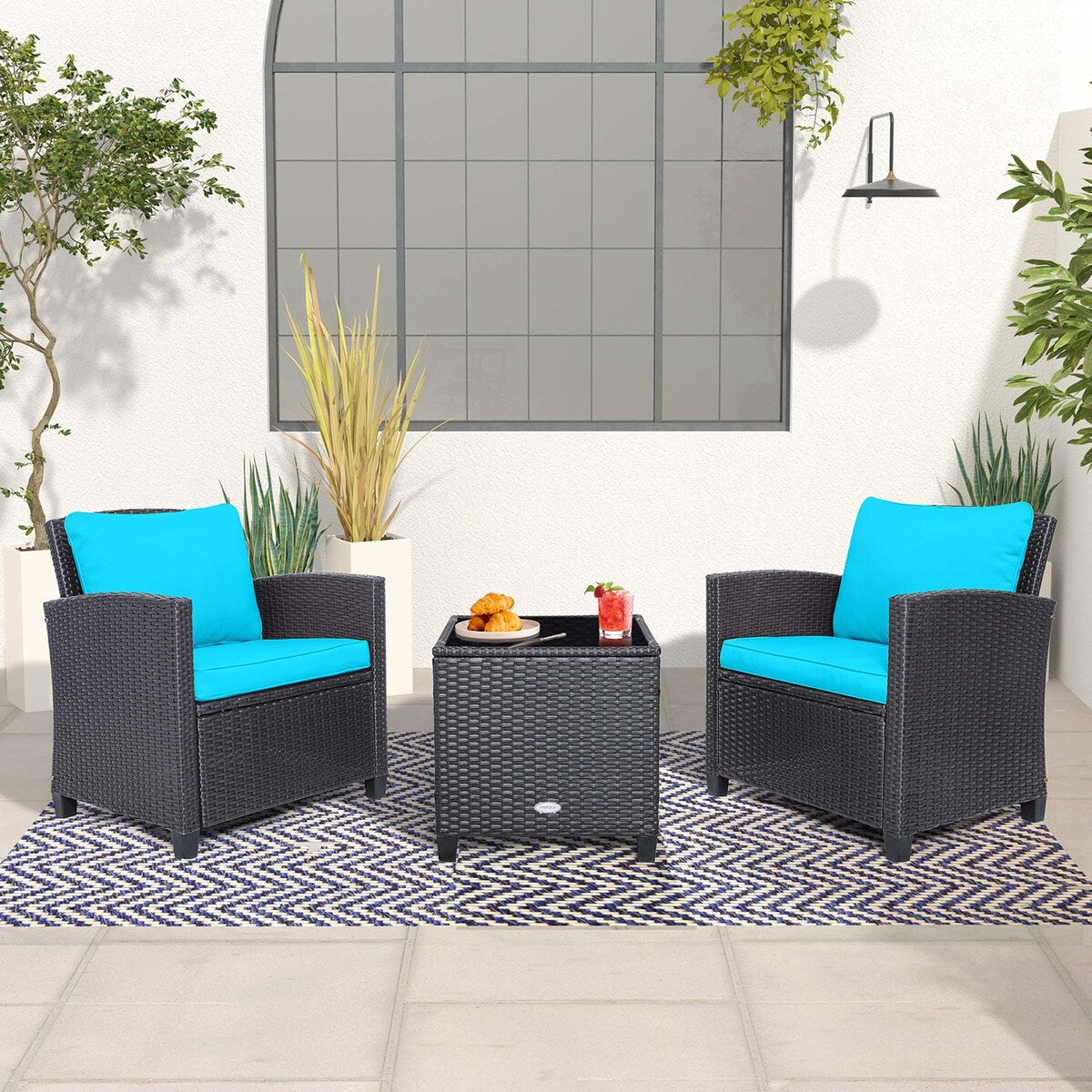 Ensemble de 3 meubles de jardin en osier avec housses de coussins