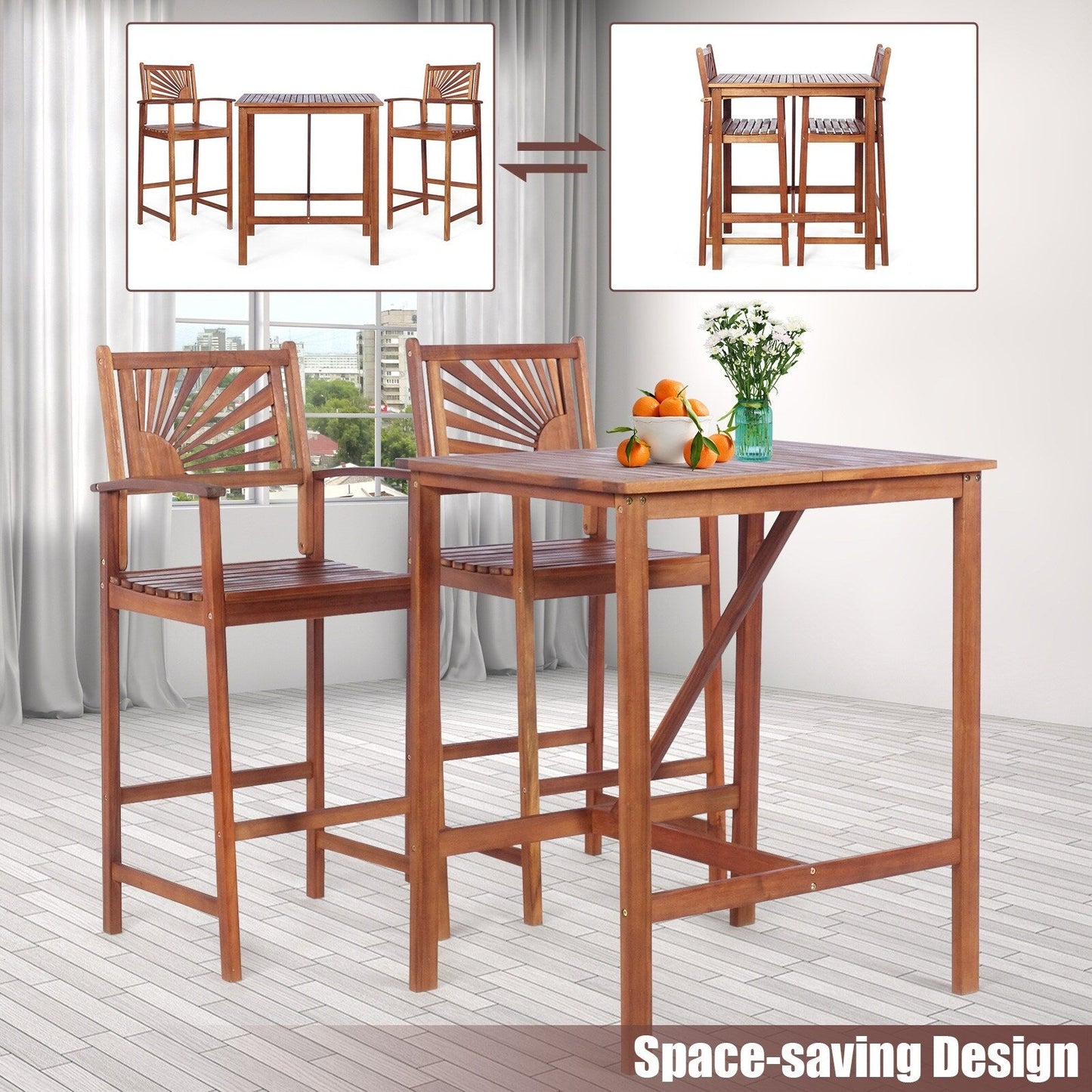 Ensemble de table de bar 3 pièces pour extérieur en bois d'acacia, peu encombrant