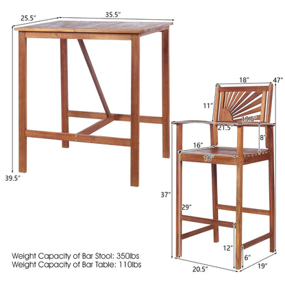 Ensemble de table de bar 3 pièces pour extérieur en bois d'acacia, peu encombrant