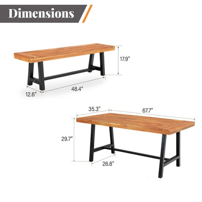 Ensemble de salle à manger d'extérieur 3 pièces MAISON ARTS en bois d'acacia avec 1 table basse rectangulaire pour pique-nique et 2 bancs