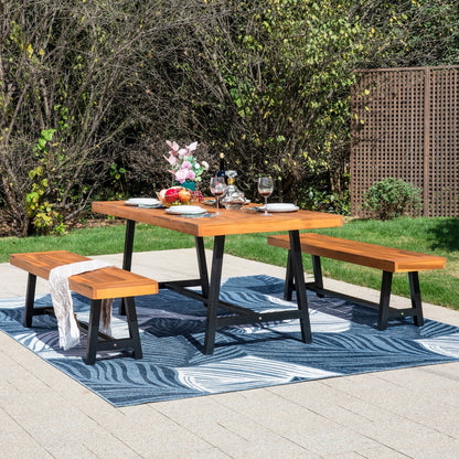 Ensemble de salle à manger d'extérieur 3 pièces MAISON ARTS en bois d'acacia avec 1 table basse rectangulaire pour pique-nique et 2 bancs