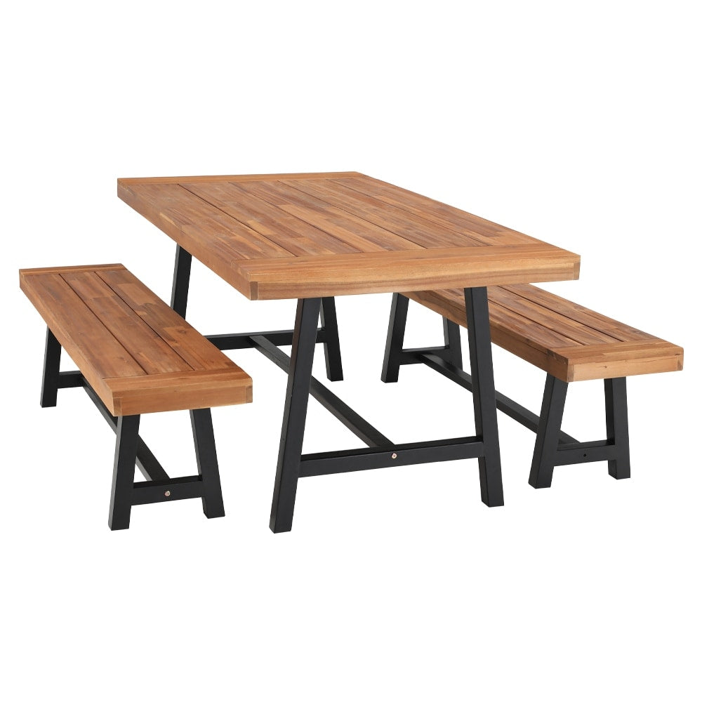 Ensemble de salle à manger d'extérieur 3 pièces MAISON ARTS en bois d'acacia avec 1 table basse rectangulaire pour pique-nique et 2 bancs