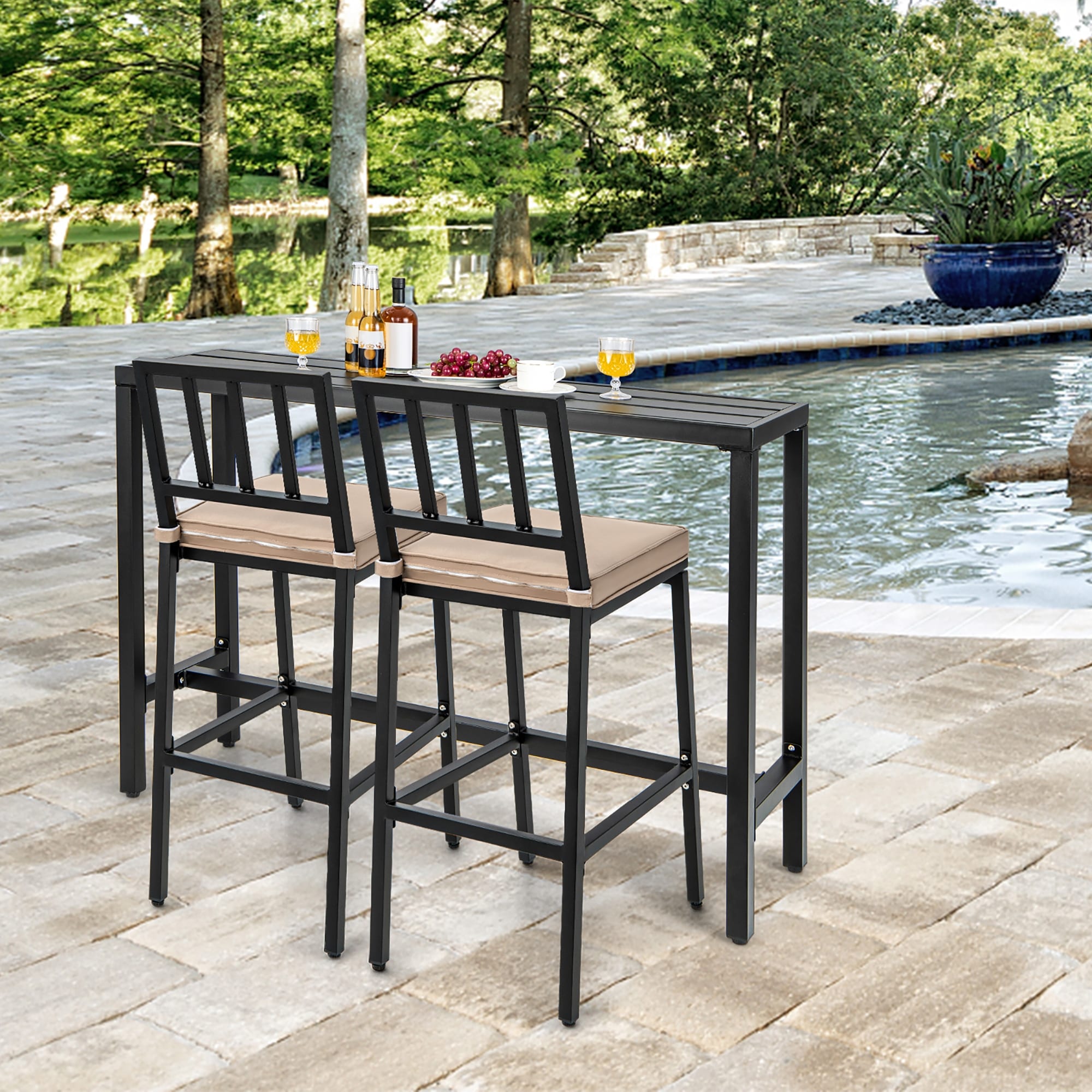 Ensemble de salle à manger de patio 3 pièces, table de bar en métal et chaises avec coussin