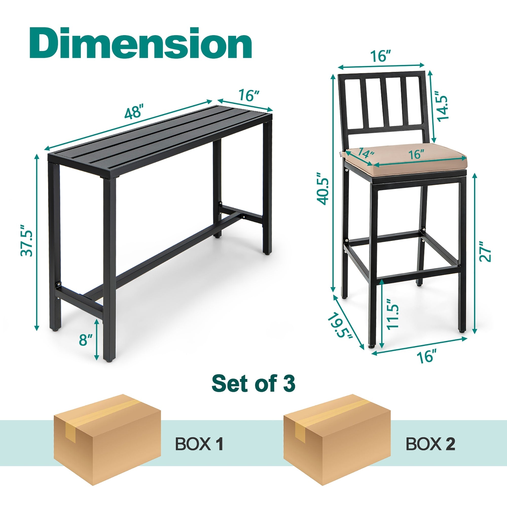 Ensemble de salle à manger de patio 3 pièces, table de bar en métal et chaises avec coussin