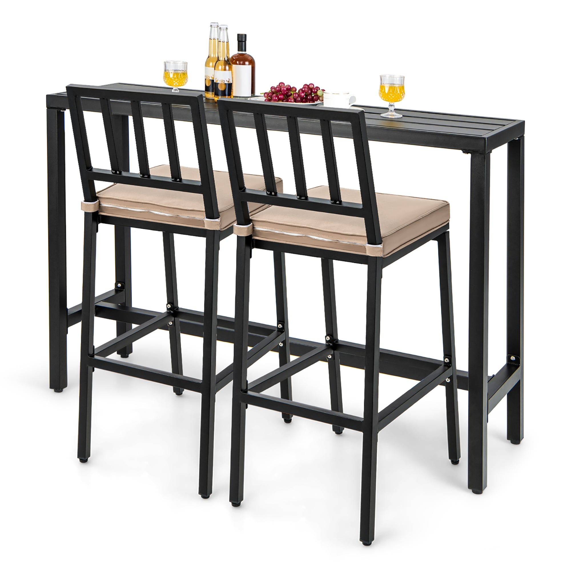 Ensemble de salle à manger de patio 3 pièces, table de bar en métal et chaises avec coussin