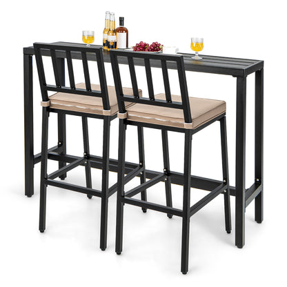 Ensemble de salle à manger de patio 3 pièces, table de bar en métal et chaises avec coussin