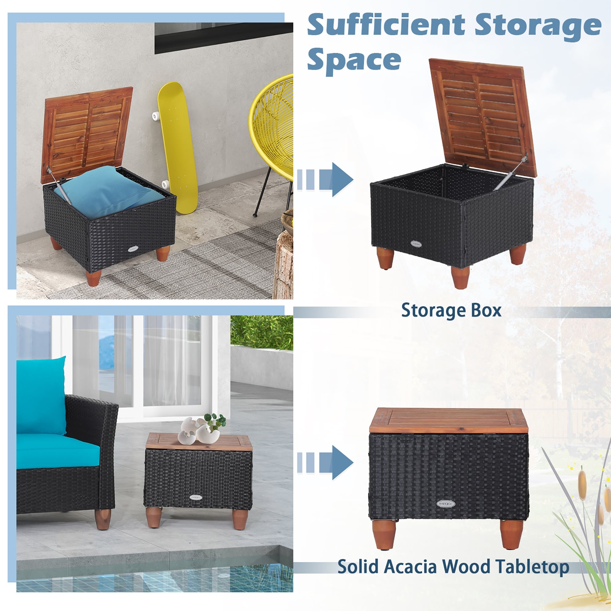 Ensemble de meubles de patio en rotin 3 pièces avec canapé rembourré et table de rangement