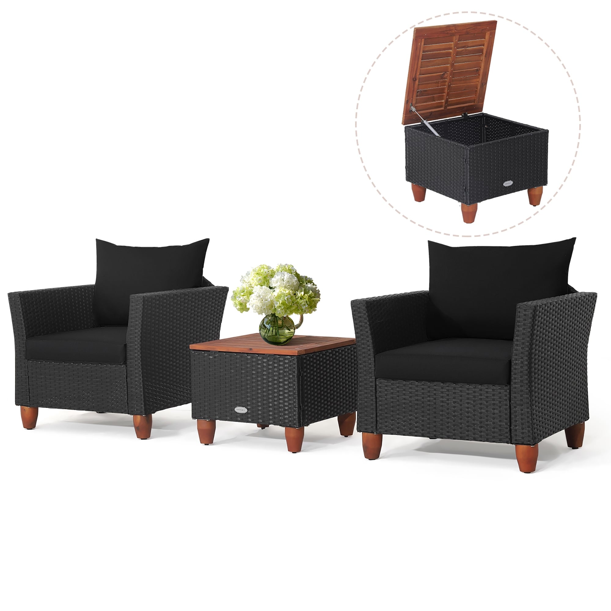 Ensemble de meubles de patio en rotin 3 pièces avec canapé rembourré et table de rangement