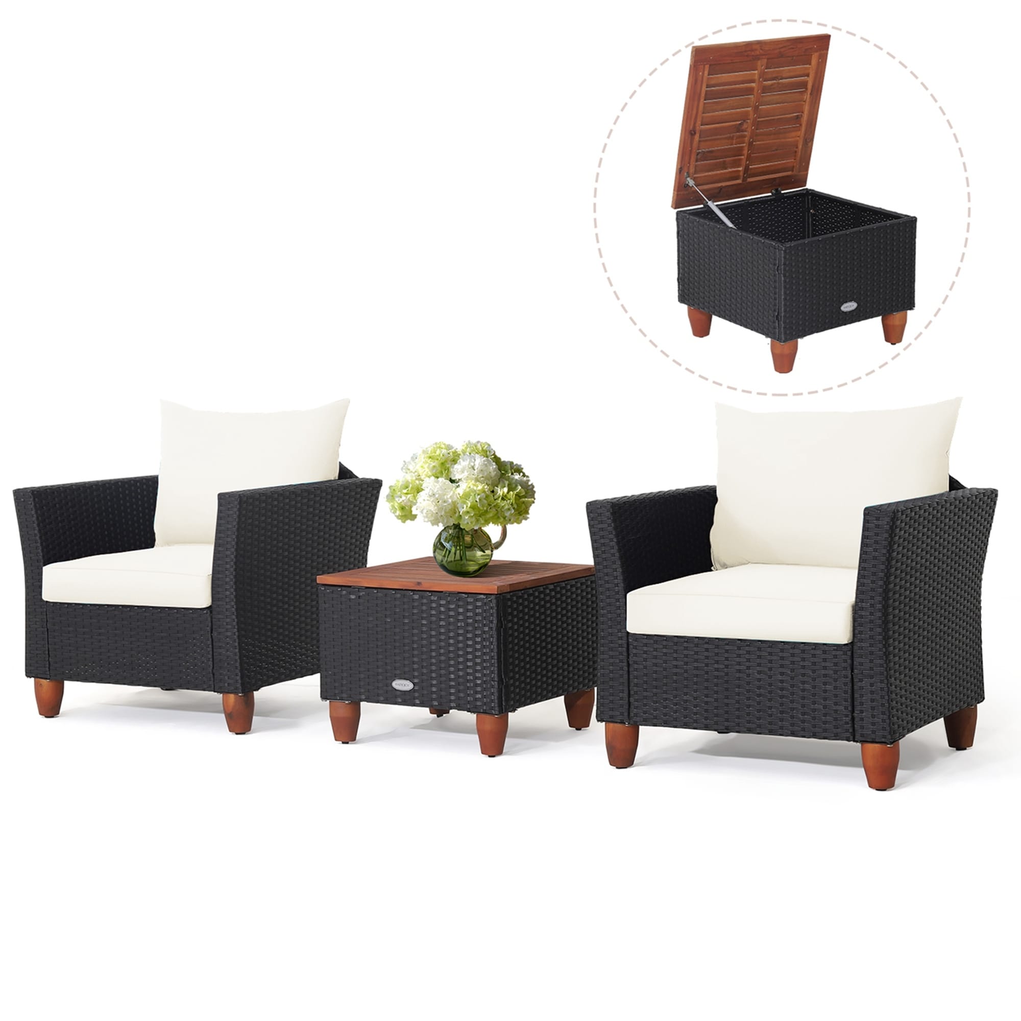 Ensemble de meubles de patio en rotin 3 pièces, canapé, table de rangement avec plateau en bois