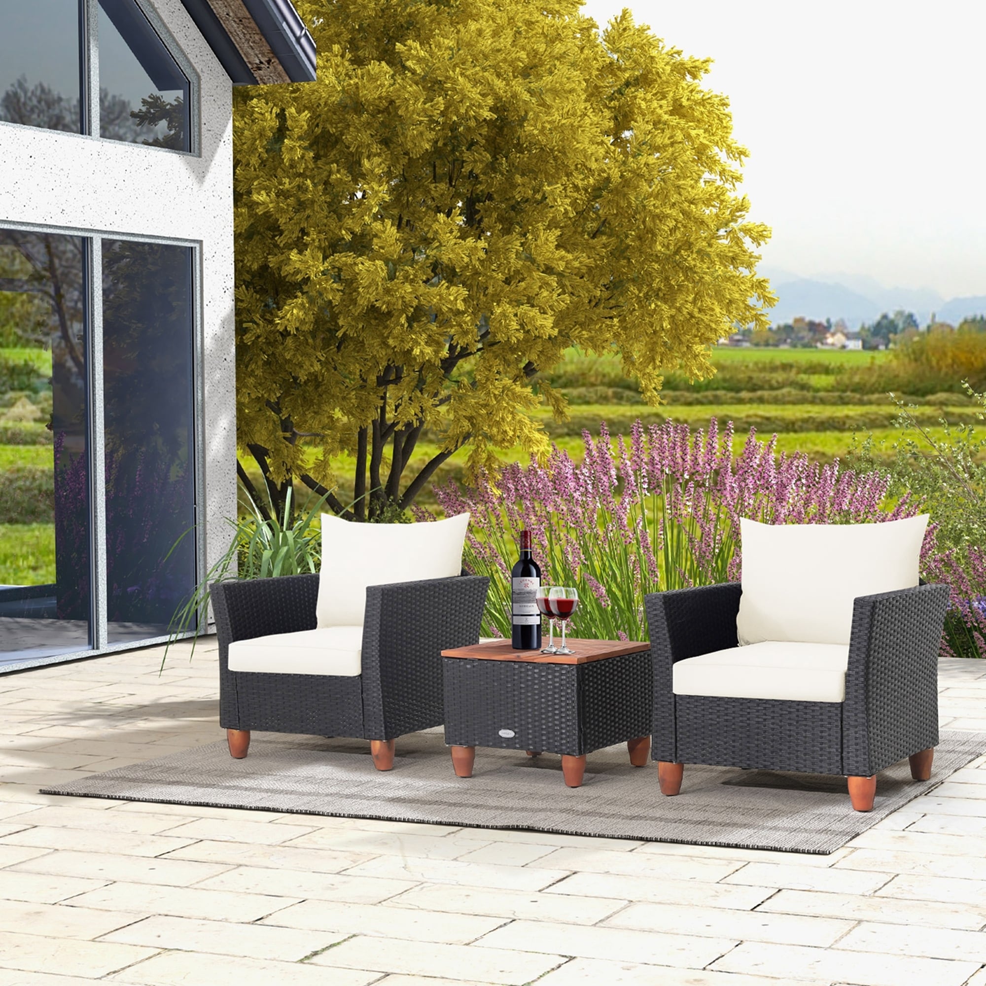 Ensemble de meubles de patio en rotin 3 pièces, canapé, table de rangement avec plateau en bois