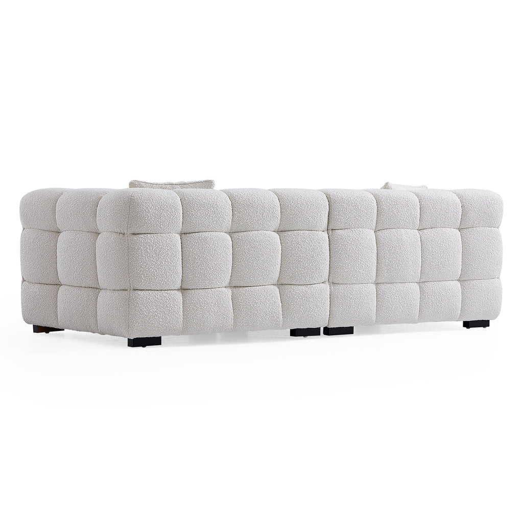 Cushy White Boucle Fabric Tufted Sofa With Ottoman