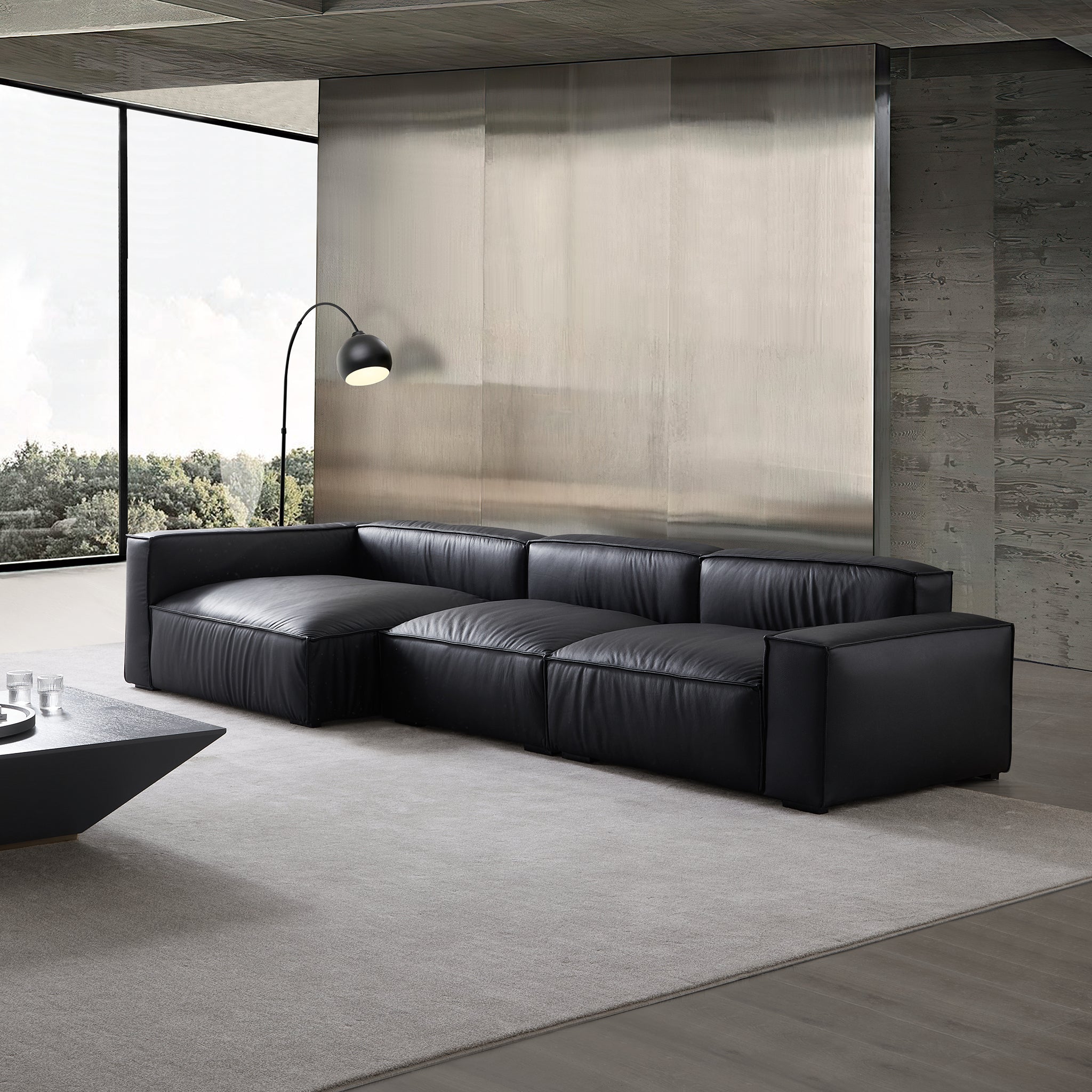 Canapé d'angle minimaliste de luxe en cuir marron foncé