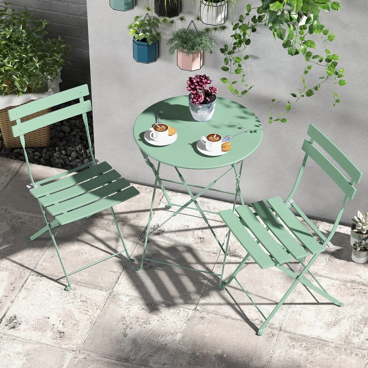 Ensemble bistrot pliant en métal 3 pièces, résistant aux intempéries, pour l'extérieur et l'intérieur, idéal pour la terrasse, la cour et le jardin.