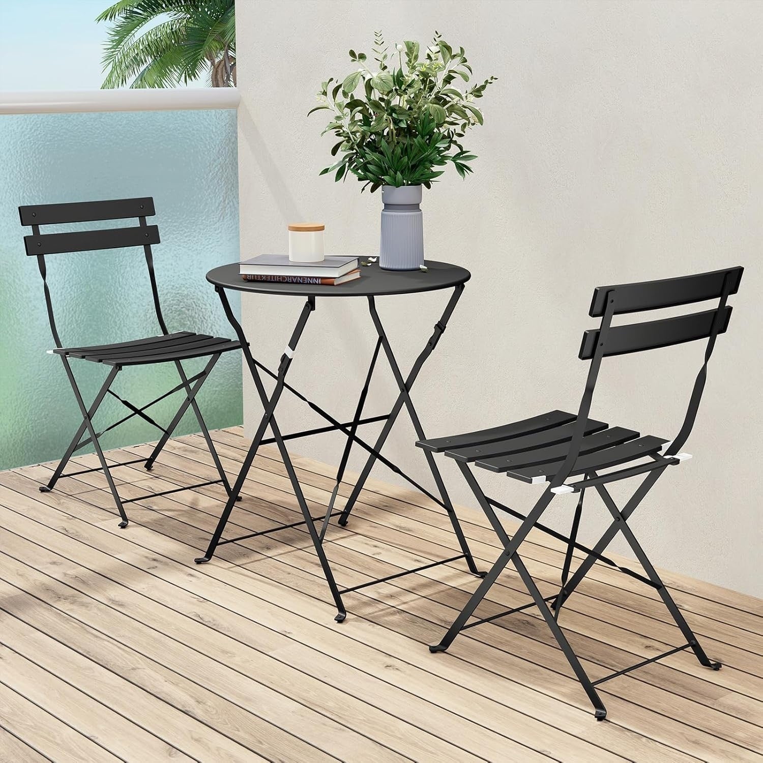 Ensemble bistrot pliant en métal 3 pièces, résistant aux intempéries, pour l'extérieur et l'intérieur, idéal pour la terrasse, la cour et le jardin.