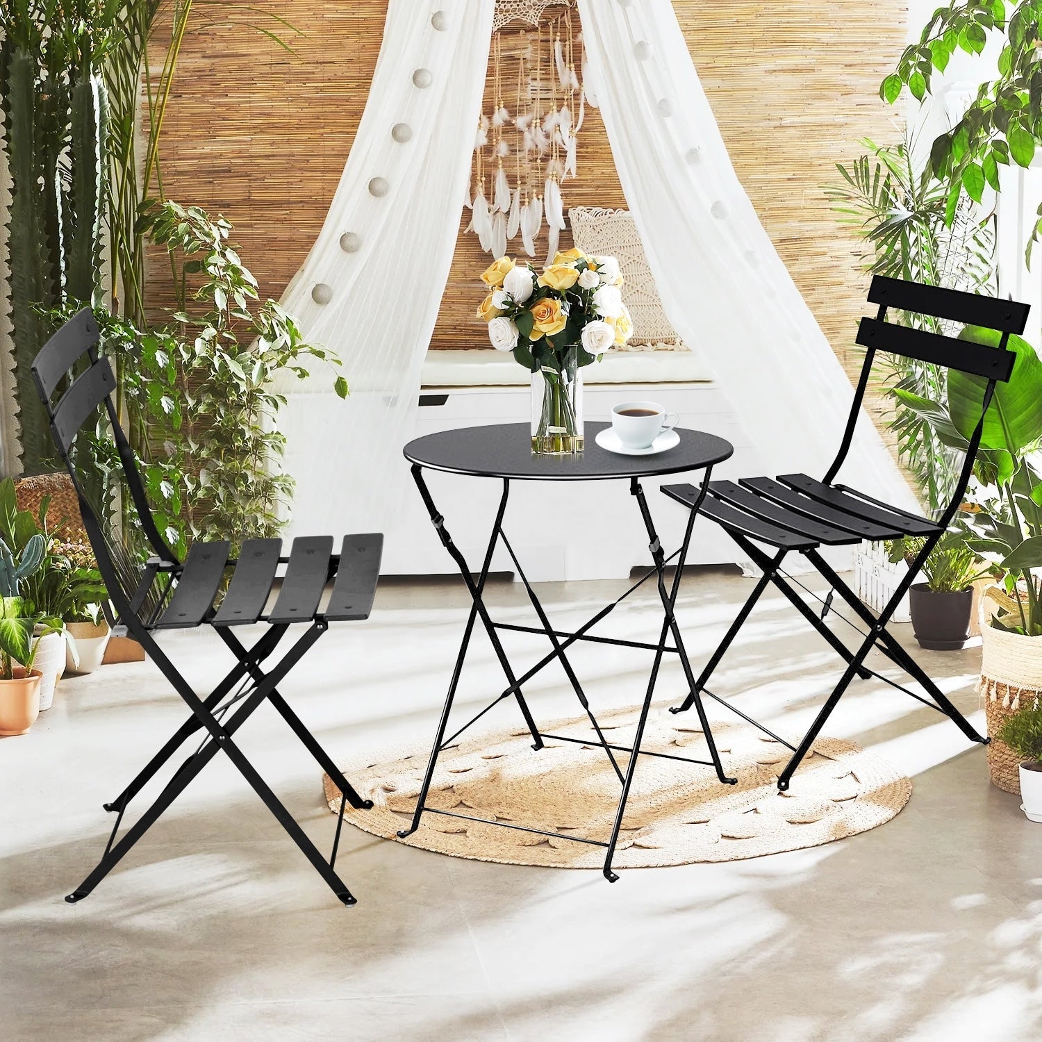 Ensemble bistrot pliant en métal 3 pièces, résistant aux intempéries, pour l'extérieur et l'intérieur, idéal pour la terrasse, la cour et le jardin.