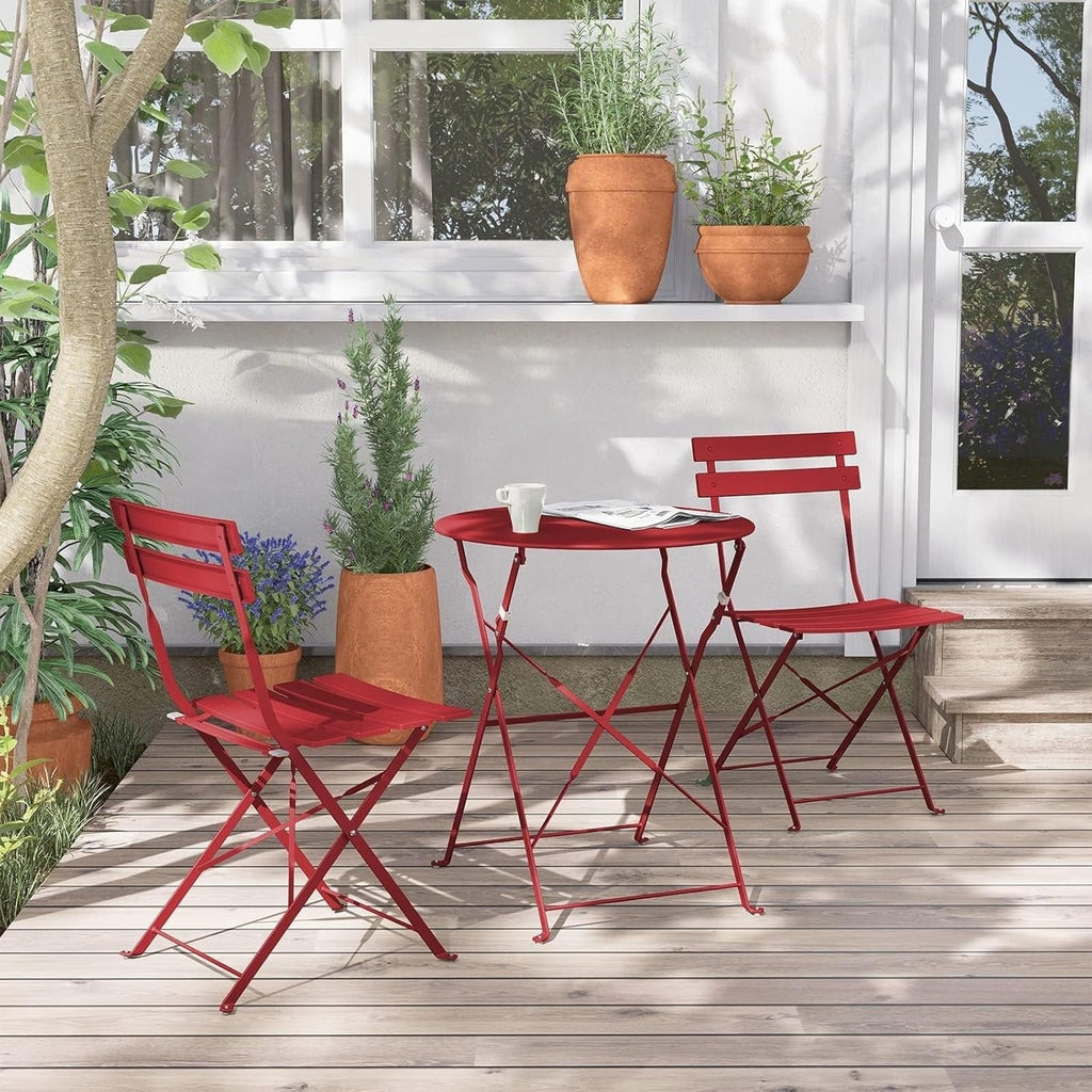 Ensemble bistrot pliant en métal 3 pièces, résistant aux intempéries, pour l'extérieur et l'intérieur, idéal pour la terrasse, la cour et le jardin.