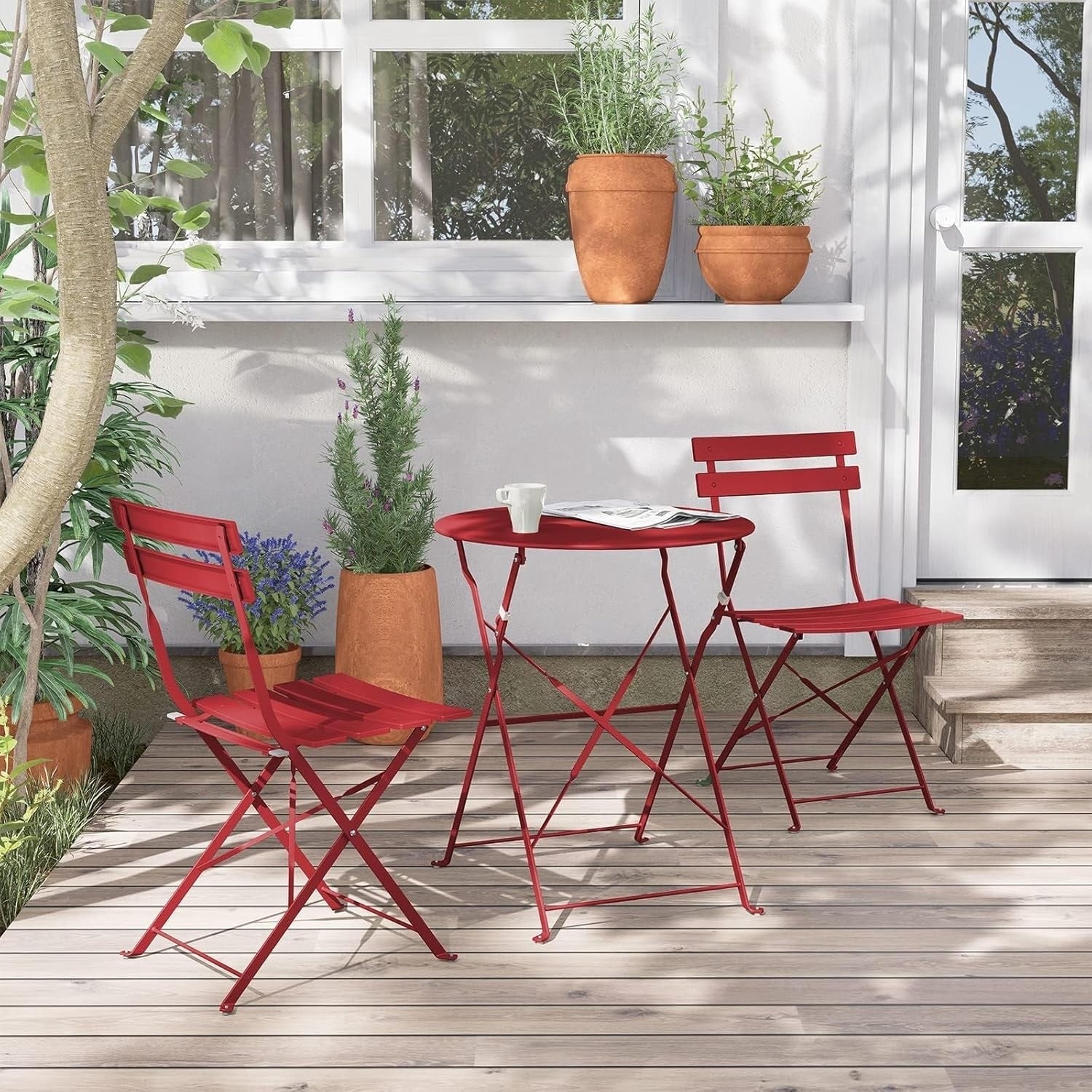 Ensemble bistrot pliant en métal 3 pièces, résistant aux intempéries, pour l'extérieur et l'intérieur, idéal pour la terrasse, la cour et le jardin.