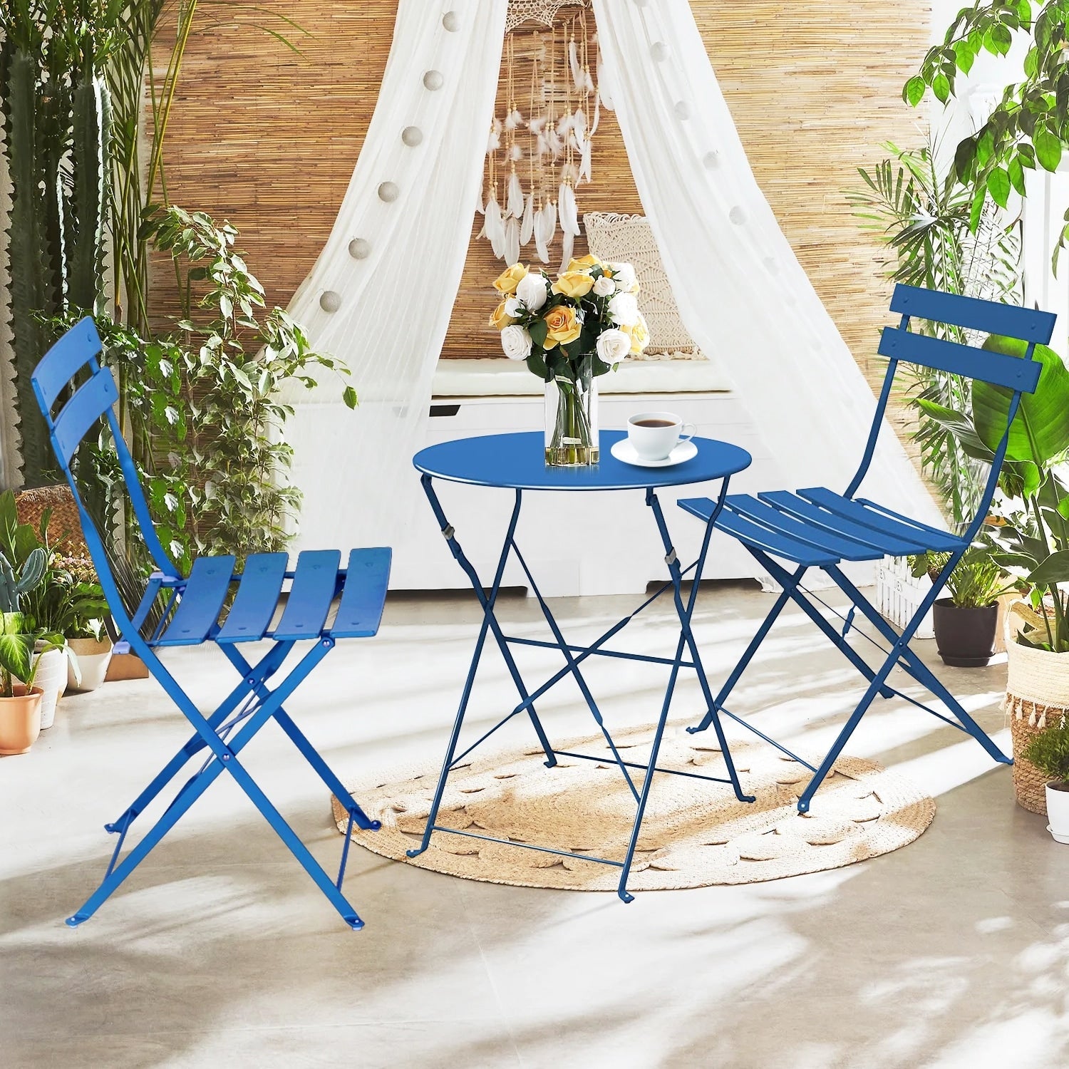 Ensemble bistrot pliant en métal 3 pièces, résistant aux intempéries, pour l'extérieur et l'intérieur, idéal pour la terrasse, la cour et le jardin.