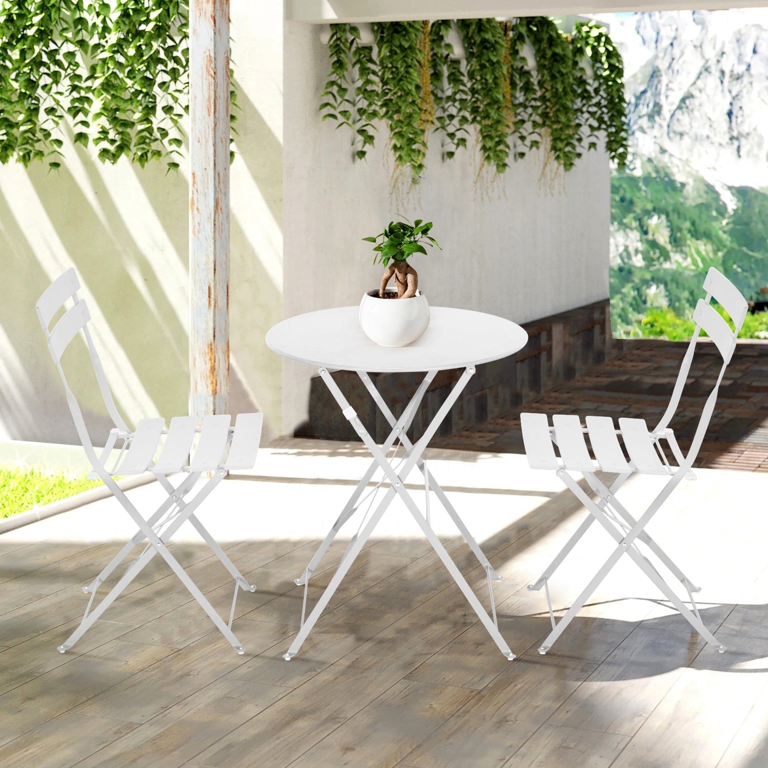 Ensemble bistrot pliant en métal 3 pièces, résistant aux intempéries, pour l'extérieur et l'intérieur, idéal pour la terrasse, la cour et le jardin.