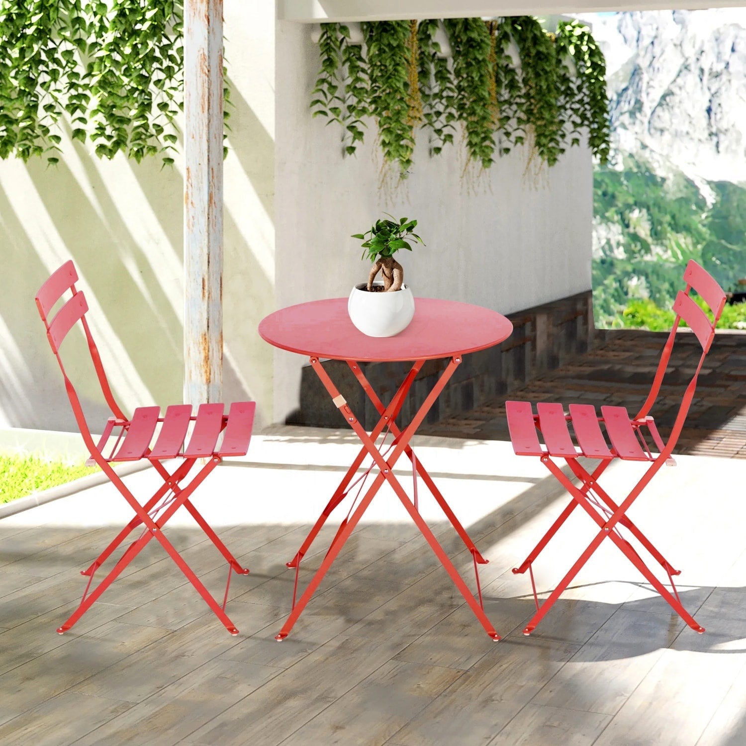 Ensemble bistrot pliant en métal 3 pièces, résistant aux intempéries, pour l'extérieur et l'intérieur, idéal pour la terrasse, la cour et le jardin.