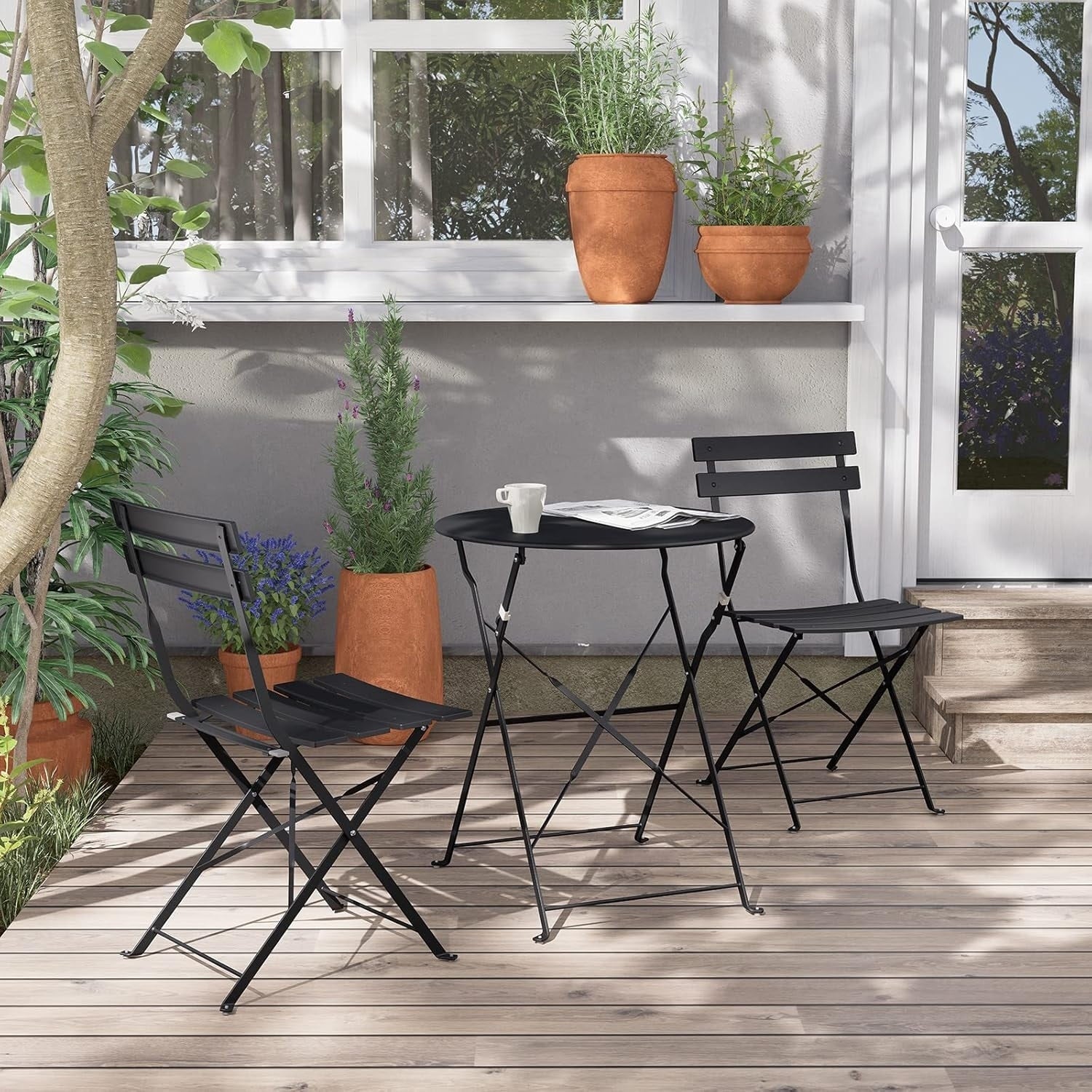 Ensemble bistrot pliant en métal 3 pièces, résistant aux intempéries, pour l'extérieur et l'intérieur, idéal pour la terrasse, la cour et le jardin.