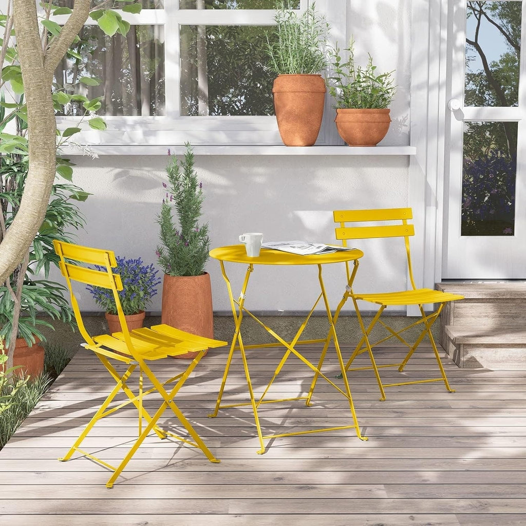 Ensemble bistrot pliant en métal 3 pièces, résistant aux intempéries, pour l'extérieur et l'intérieur, idéal pour la terrasse, la cour et le jardin.