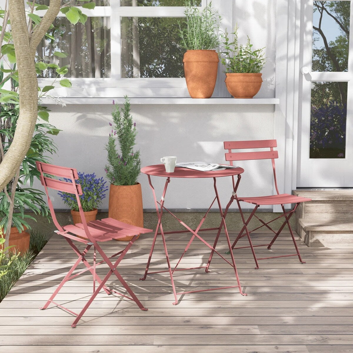 Ensemble bistrot pliant en métal 3 pièces, résistant aux intempéries, pour l'extérieur et l'intérieur, idéal pour la terrasse, la cour et le jardin.