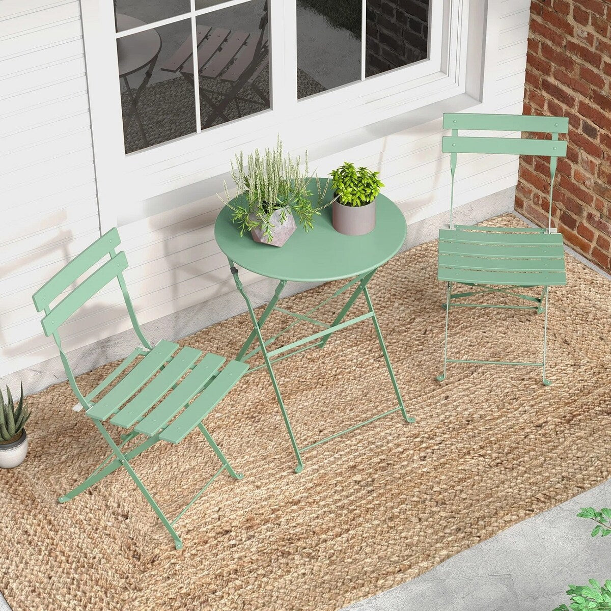 Ensemble bistrot pliant en métal 3 pièces, résistant aux intempéries, pour l'extérieur et l'intérieur, idéal pour la terrasse, la cour et le jardin.
