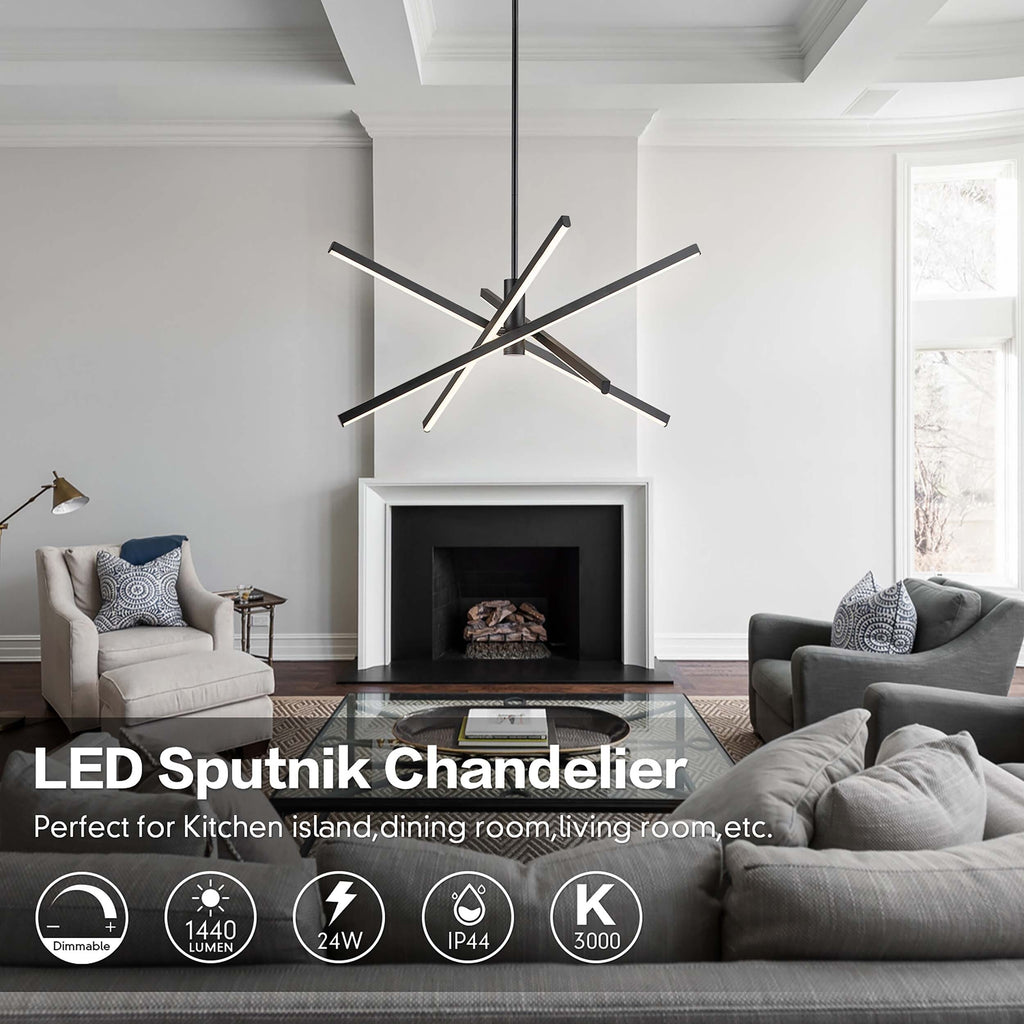 Lustre LED moderne en aluminium noir/doré, plafonnier linéaire Spoutnik pour salon/salle à manger/cuisine