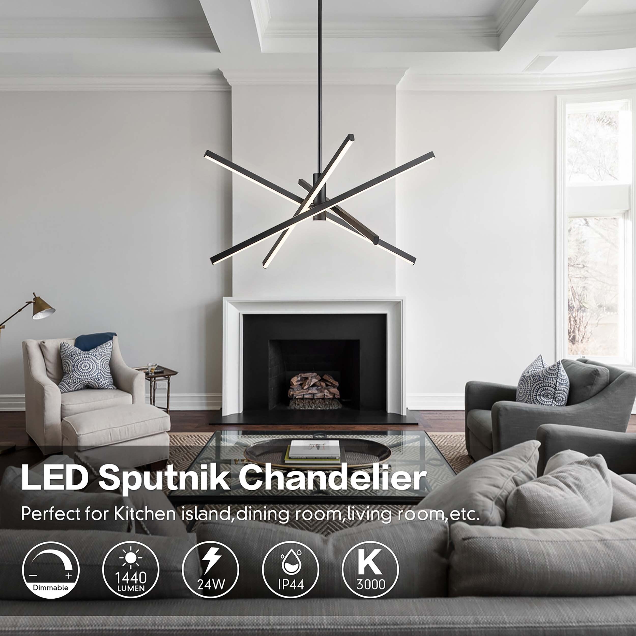 Lustre LED moderne en aluminium noir/doré, plafonnier linéaire Spoutnik pour salon/salle à manger/cuisine