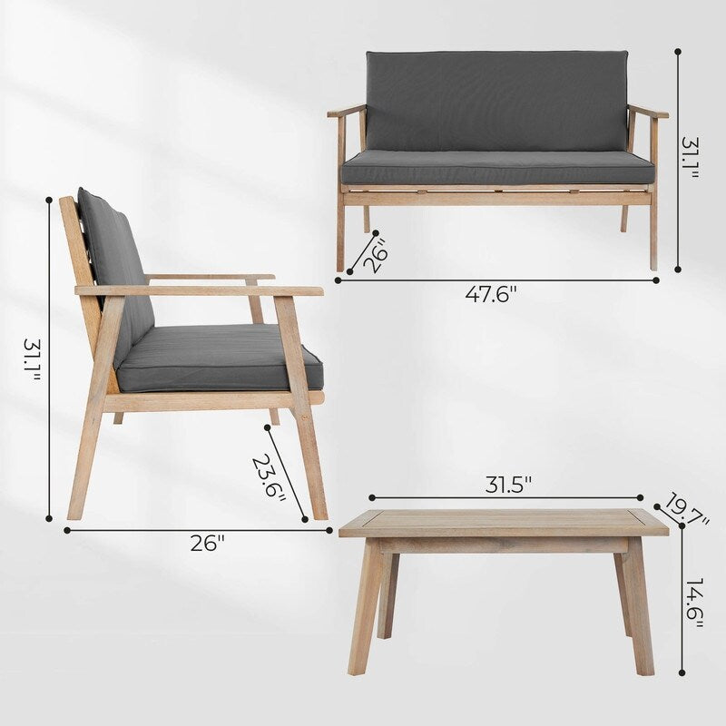 Ensemble de salon de jardin en bois pour 4 personnes avec coussins