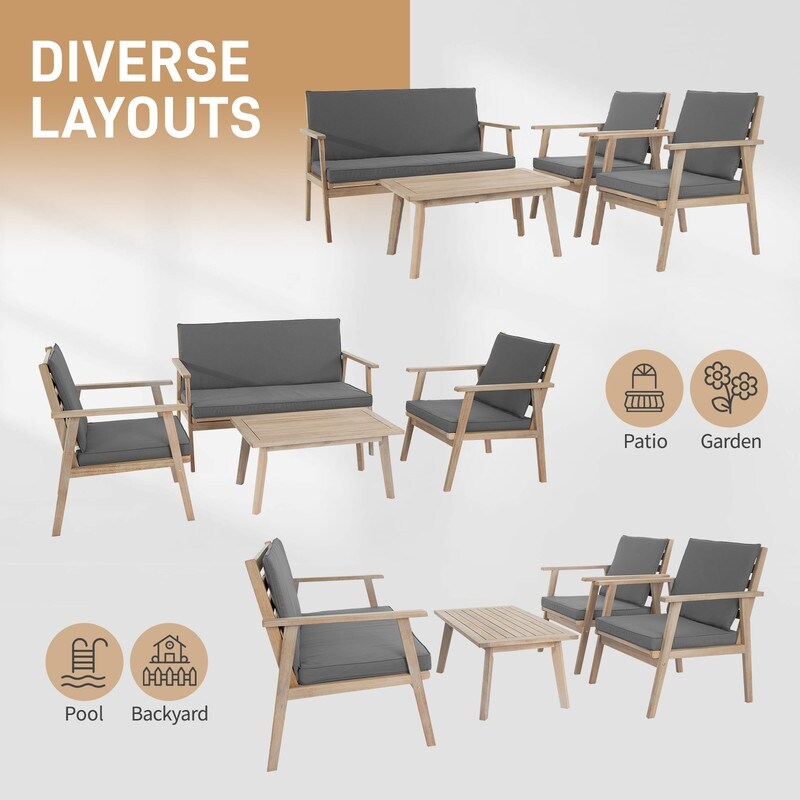 Ensemble de salon de jardin en bois pour 4 personnes avec coussins