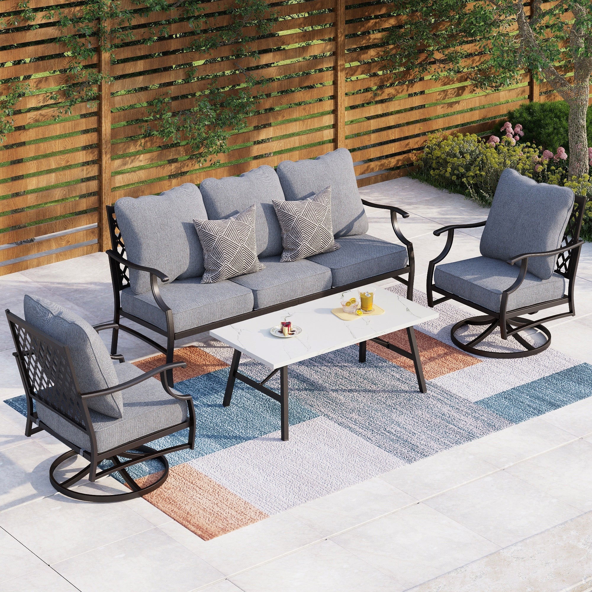 Ensemble de salon de jardin MAISON ARTS 4/5 pièces, canapé avec 2 fauteuils simples, 1 canapé 3 places et table basse/poufs