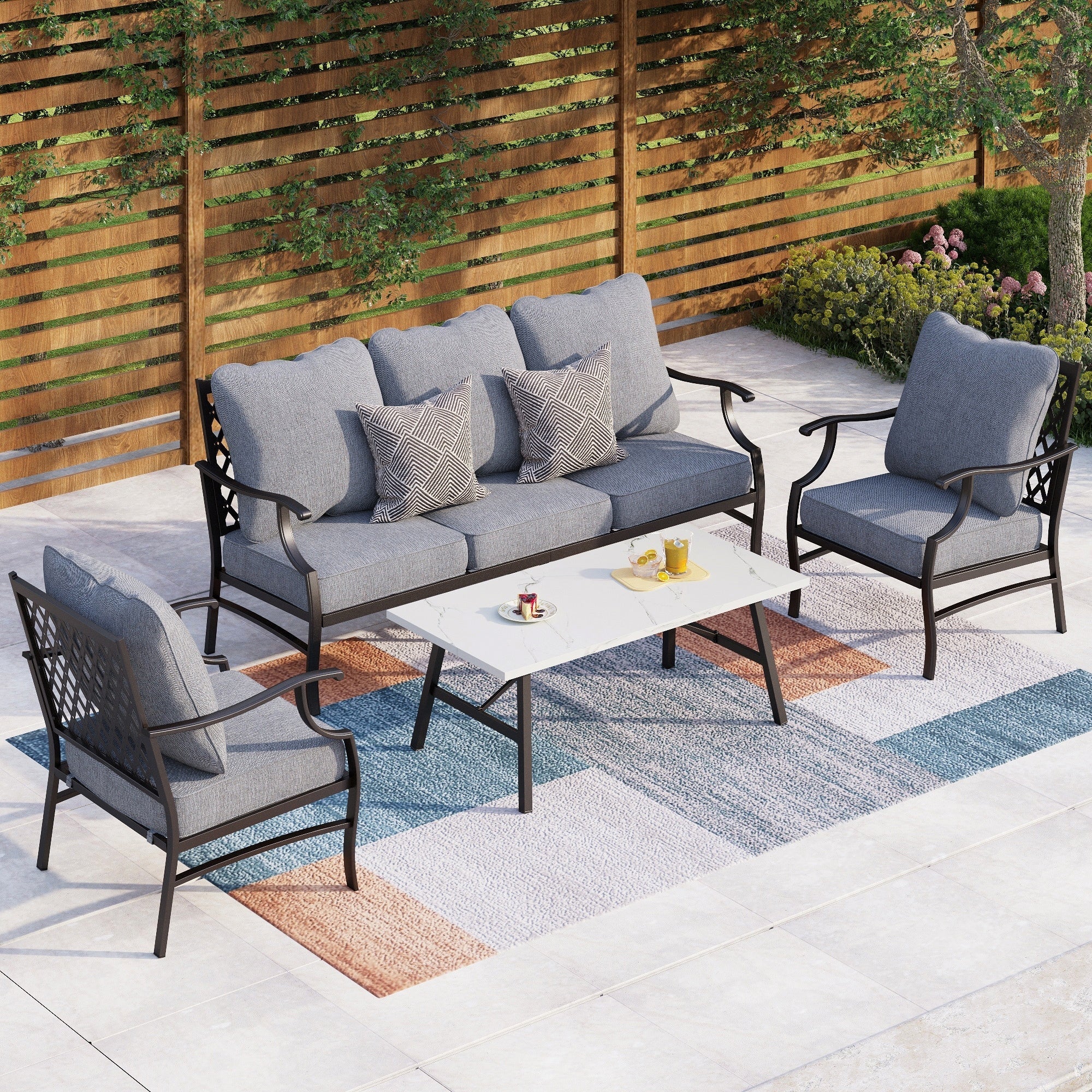 Ensemble de salon de jardin MAISON ARTS 4/5 pièces, canapé avec 2 fauteuils simples, 1 canapé 3 places et table basse/poufs
