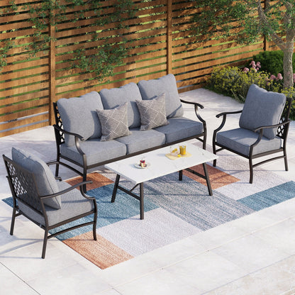 Ensemble de salon de jardin MAISON ARTS 4/5 pièces, canapé avec 2 fauteuils simples, 1 canapé 3 places et table basse/poufs