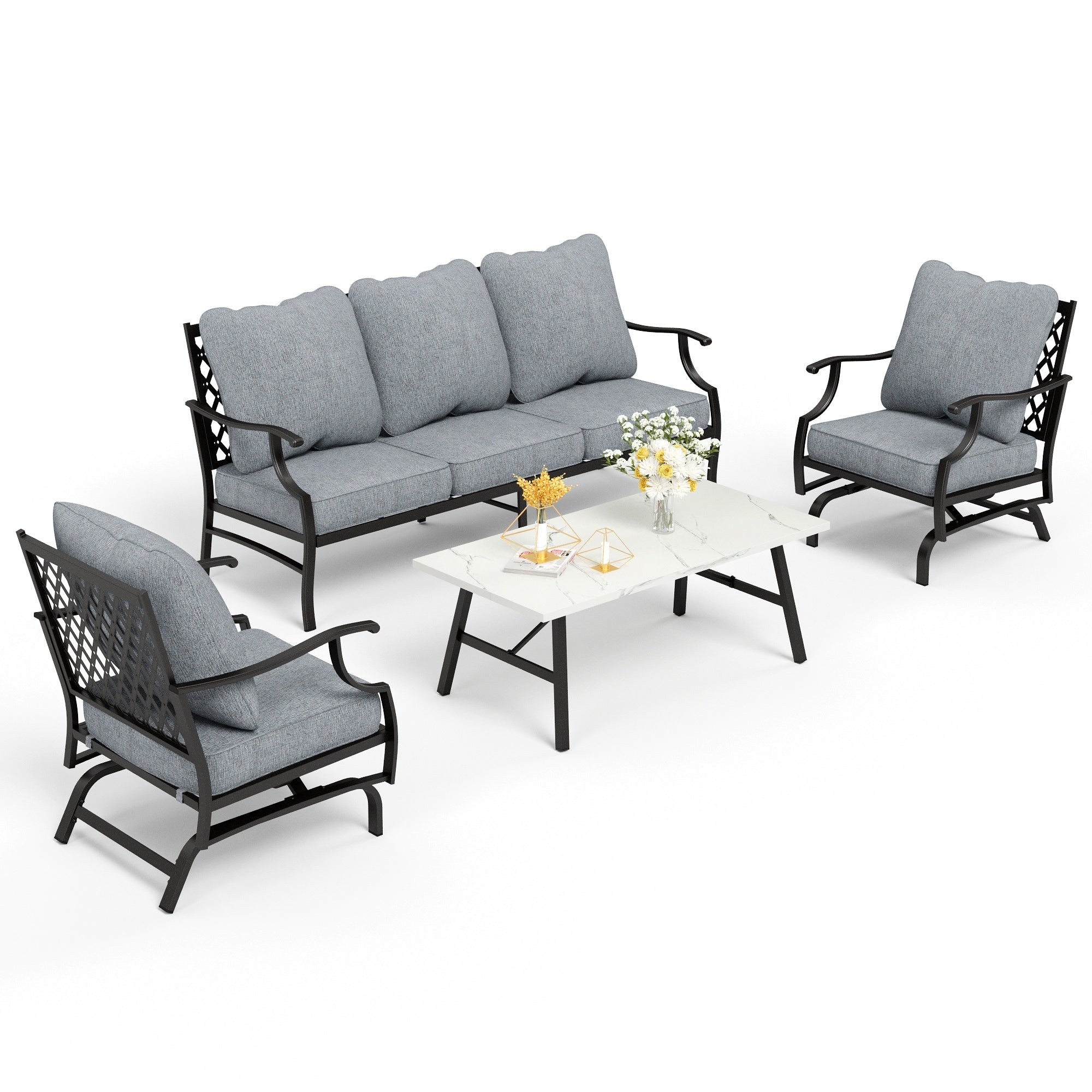 Ensemble de salon de jardin MAISON ARTS 4/5 pièces, canapé avec 2 fauteuils simples, 1 canapé 3 places et table basse/poufs
