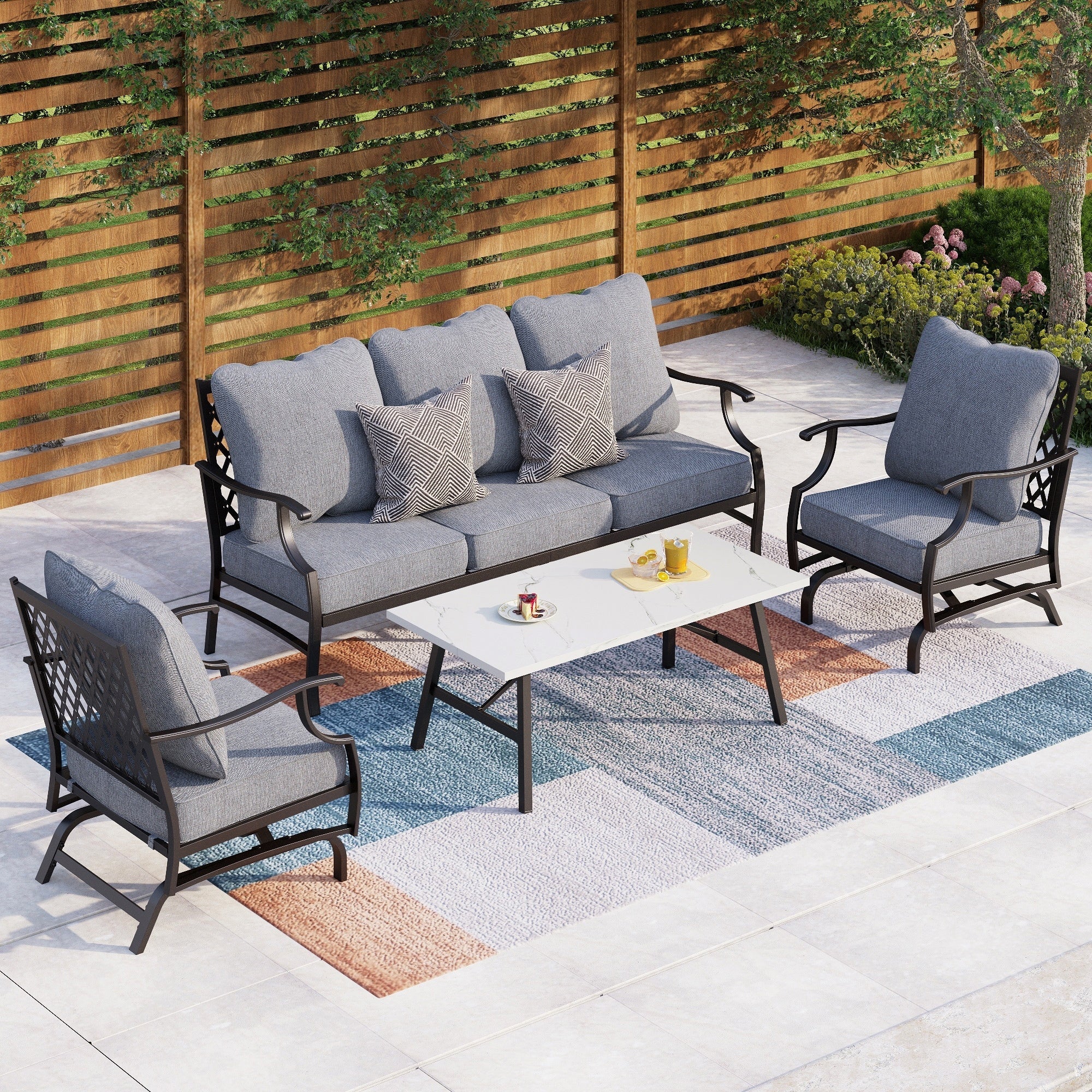 Ensemble de salon de jardin MAISON ARTS 4/5 pièces, canapé avec 2 fauteuils simples, 1 canapé 3 places et table basse/poufs