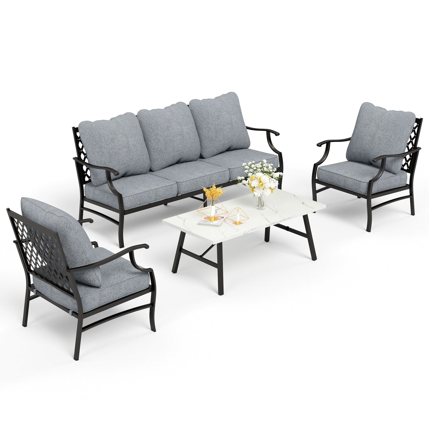 Ensemble de salon de jardin MAISON ARTS 4/5 pièces, canapé avec 2 fauteuils simples, 1 canapé 3 places et table basse/poufs