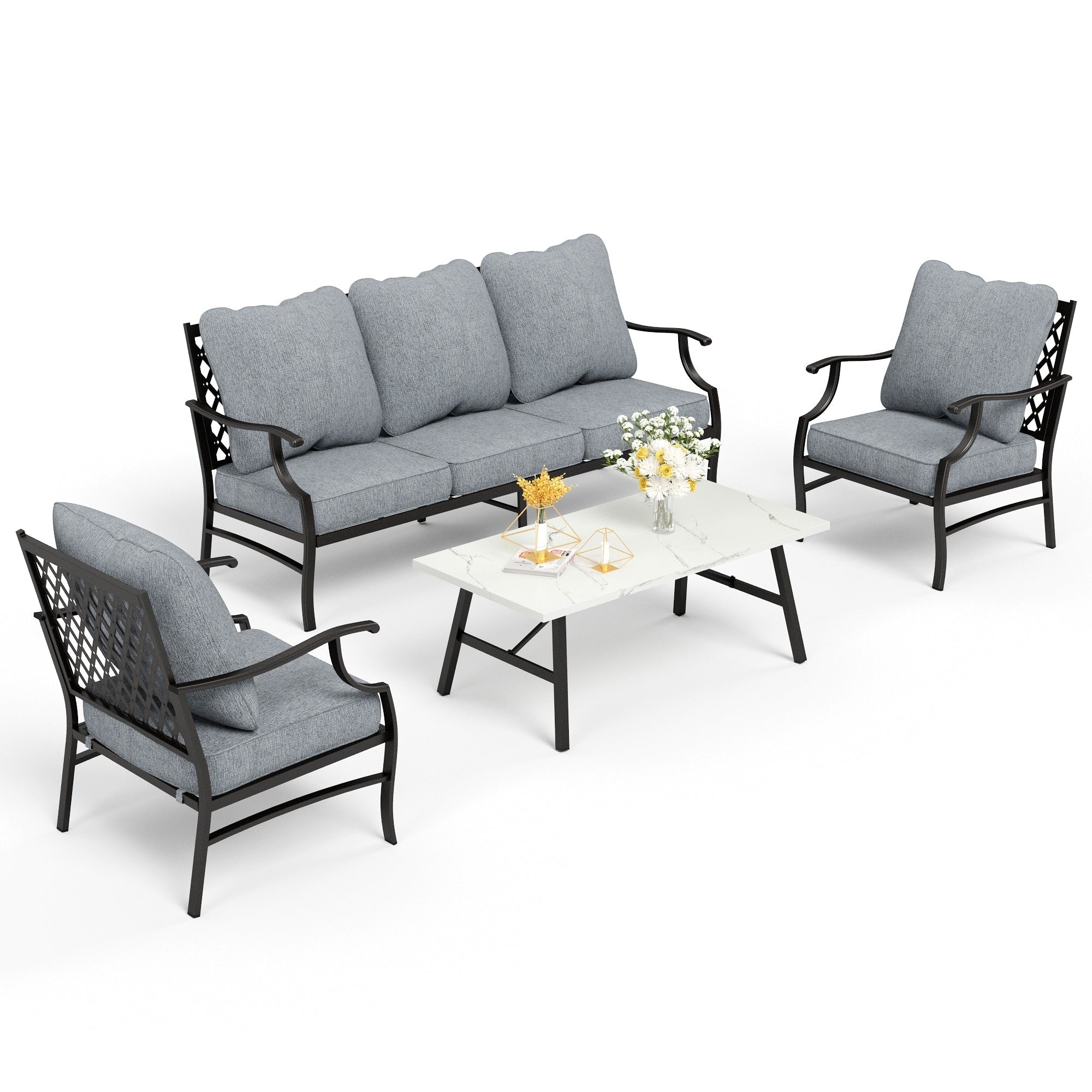 Ensemble de salon de jardin MAISON ARTS 4/5 pièces, canapé avec 2 fauteuils simples, 1 canapé 3 places et table basse/poufs