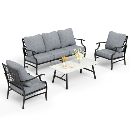 Ensemble de salon de jardin MAISON ARTS 4/5 pièces, canapé avec 2 fauteuils simples, 1 canapé 3 places et table basse/poufs