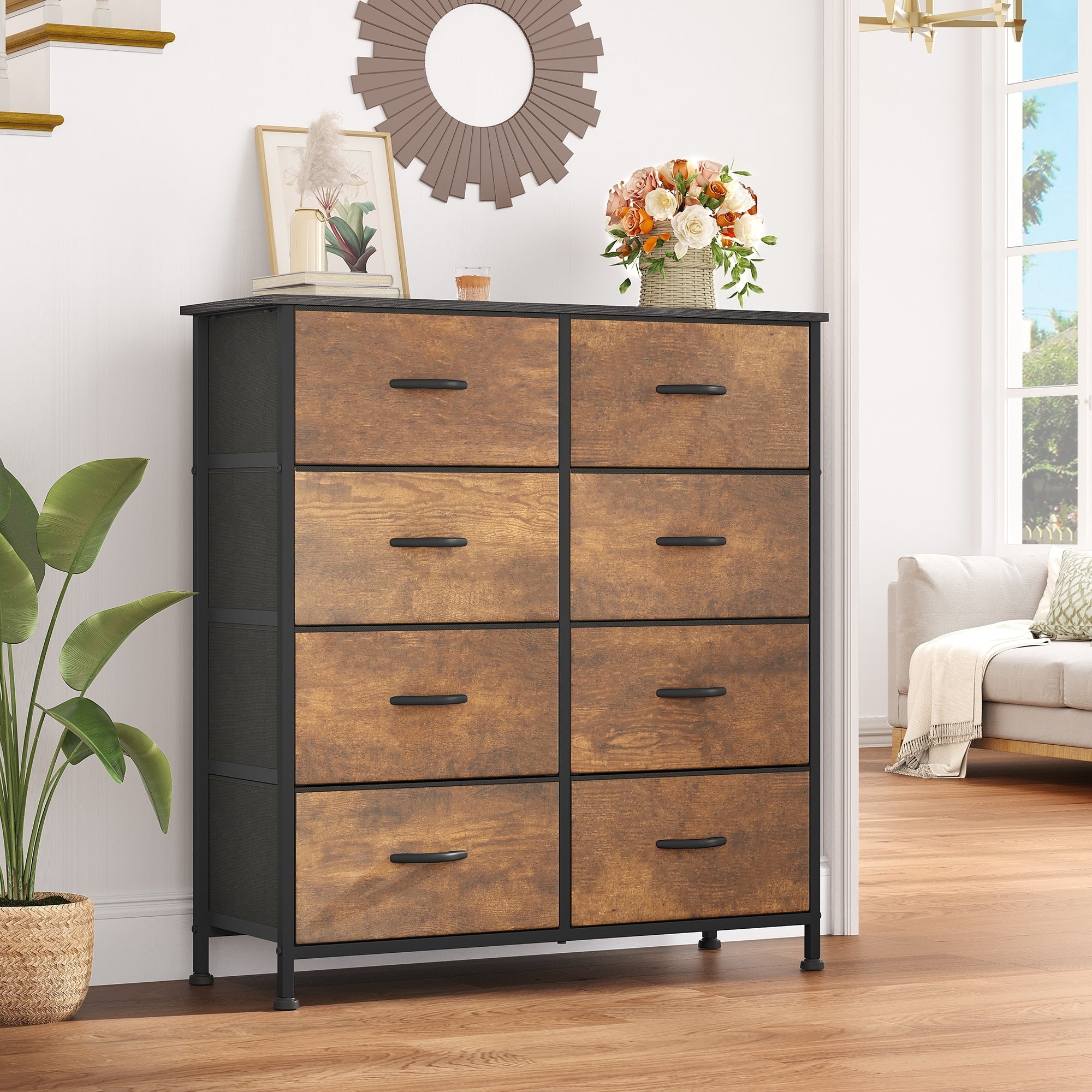 Commode moderne en tissu à 4/8/10 tiroirs avec plateau en bois