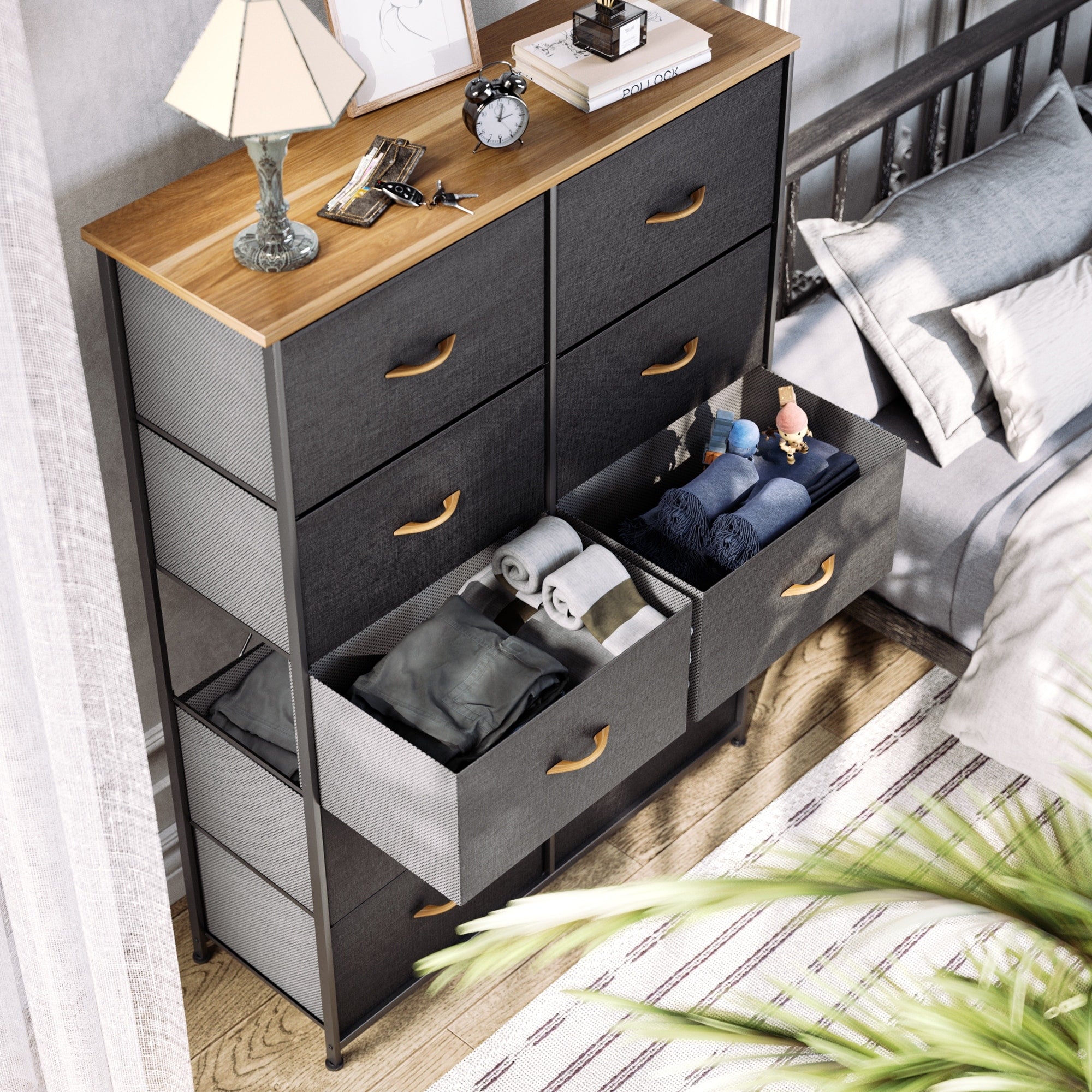 Commode moderne en tissu à 4/8/10 tiroirs avec plateau en bois
