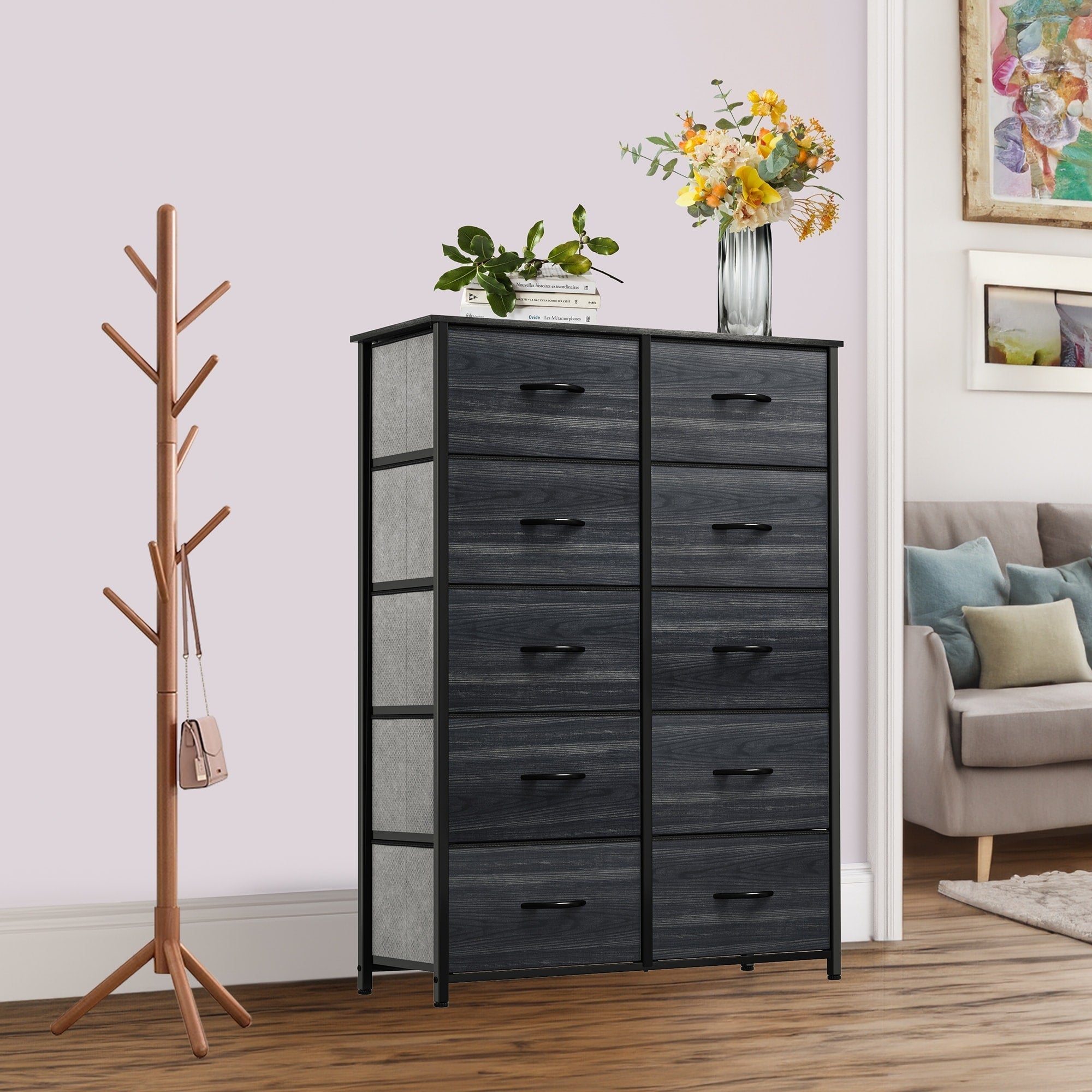 Commode moderne en tissu à 4/8/10 tiroirs avec plateau en bois
