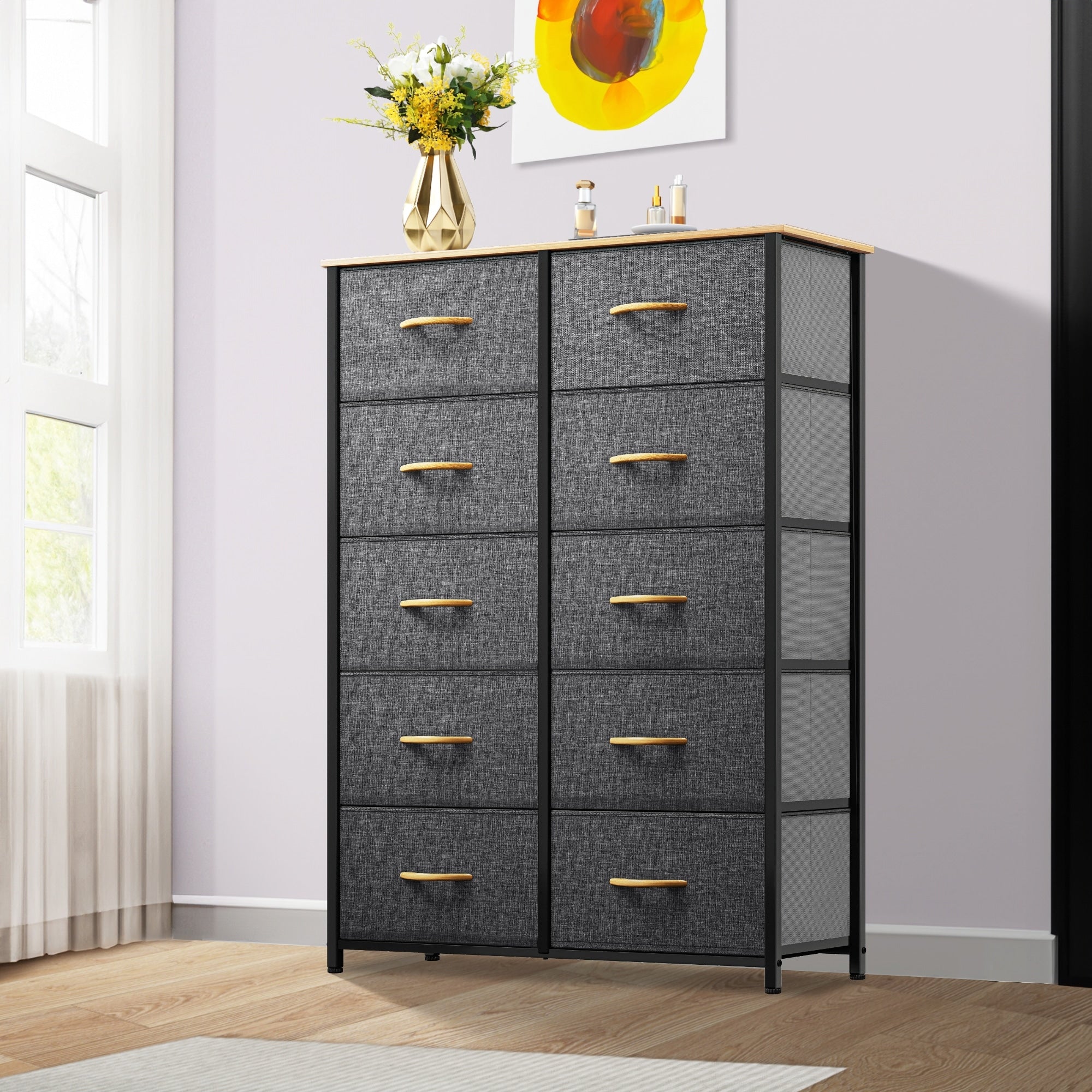 Commode moderne en tissu à 4/8/10 tiroirs avec plateau en bois
