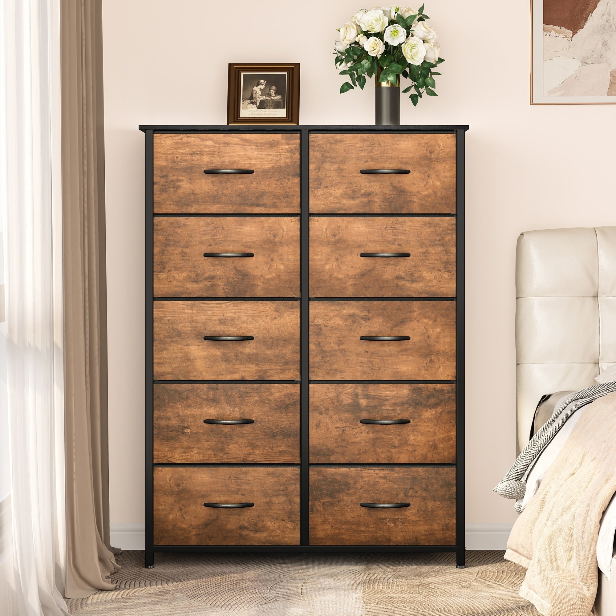 Commode moderne en tissu à 4/8/10 tiroirs avec plateau en bois