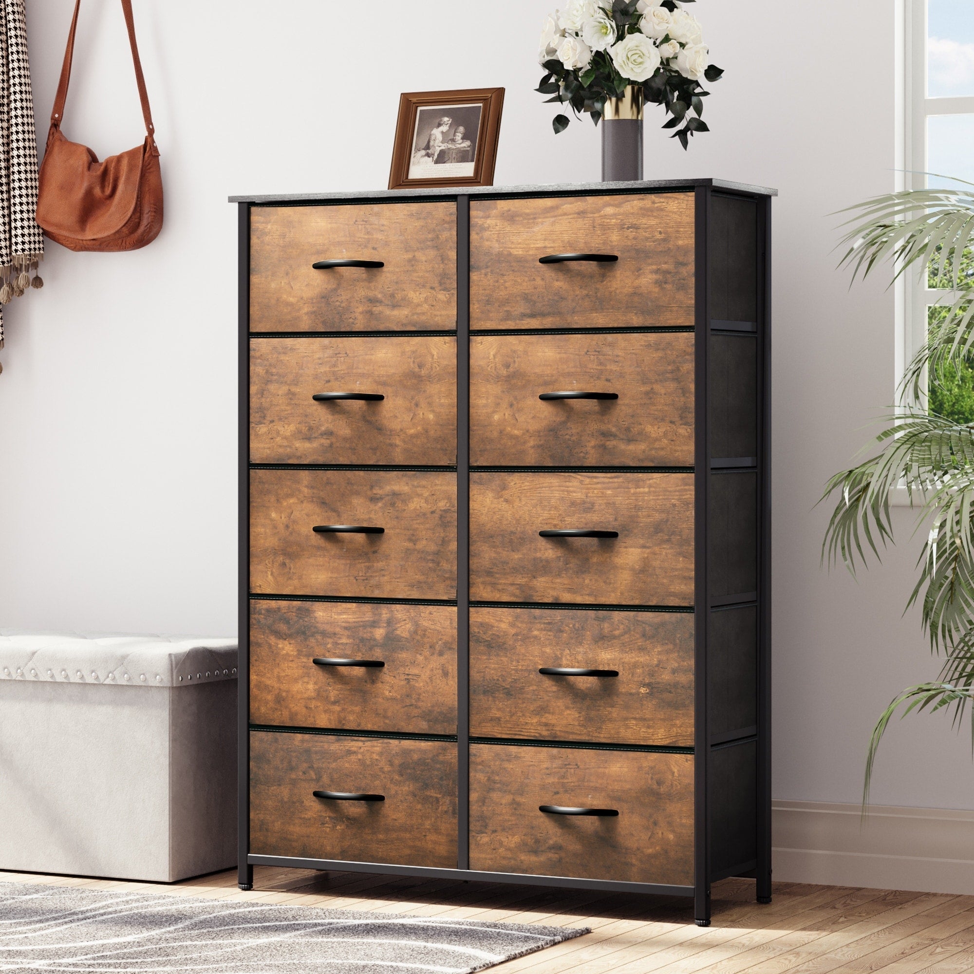 Commode moderne en tissu à 4/8/10 tiroirs avec plateau en bois