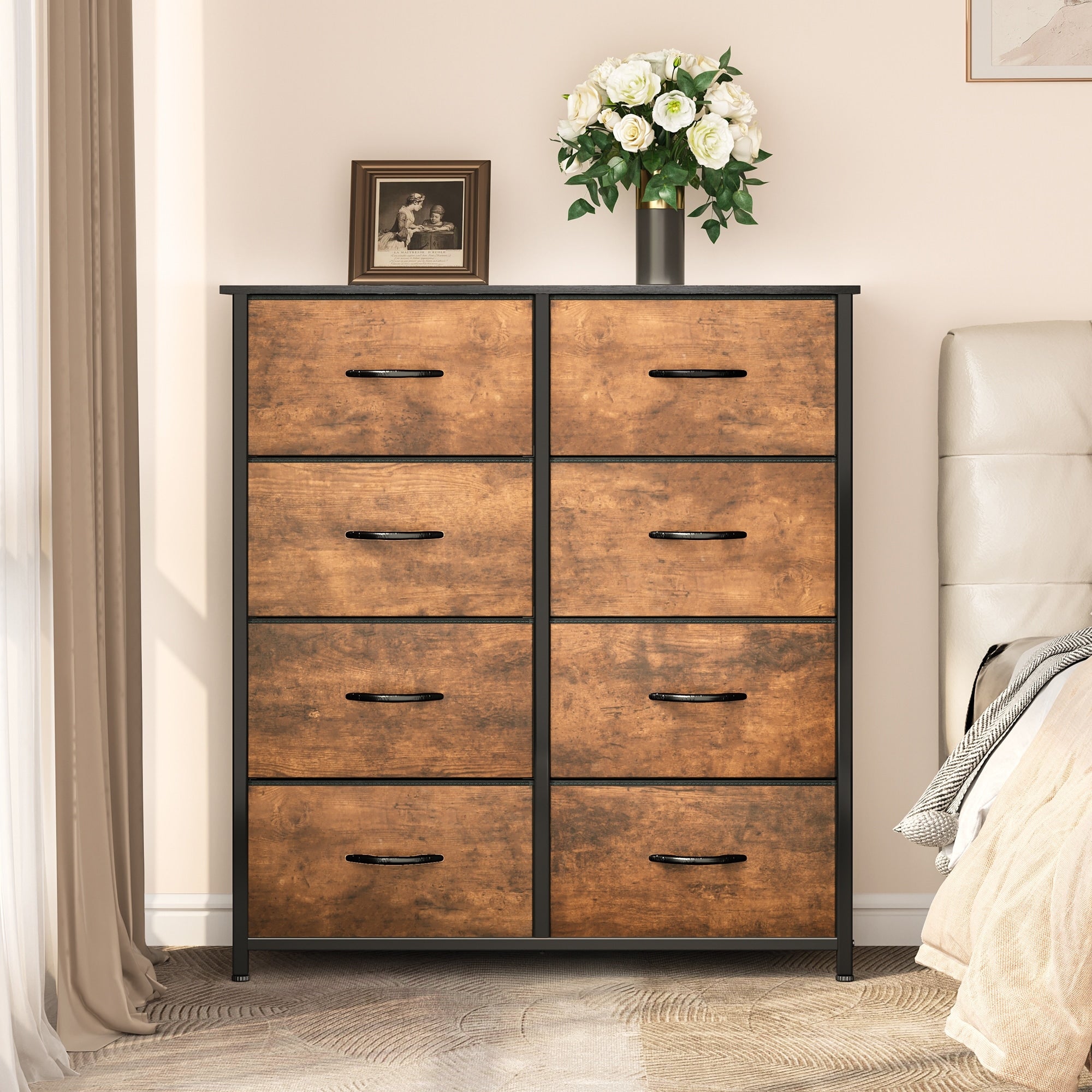 Commode moderne en tissu à 4/8/10 tiroirs avec plateau en bois