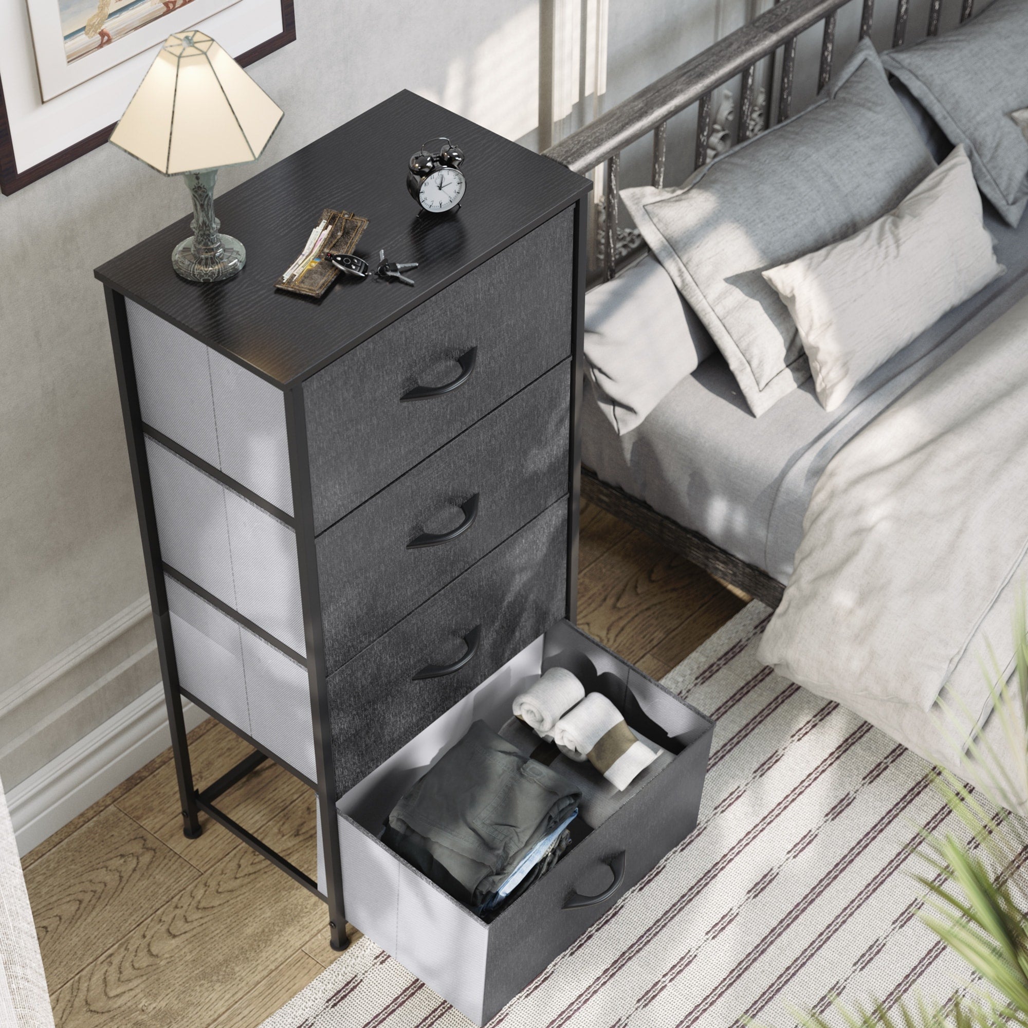 Commode moderne en tissu à 4/8/10 tiroirs avec plateau en bois